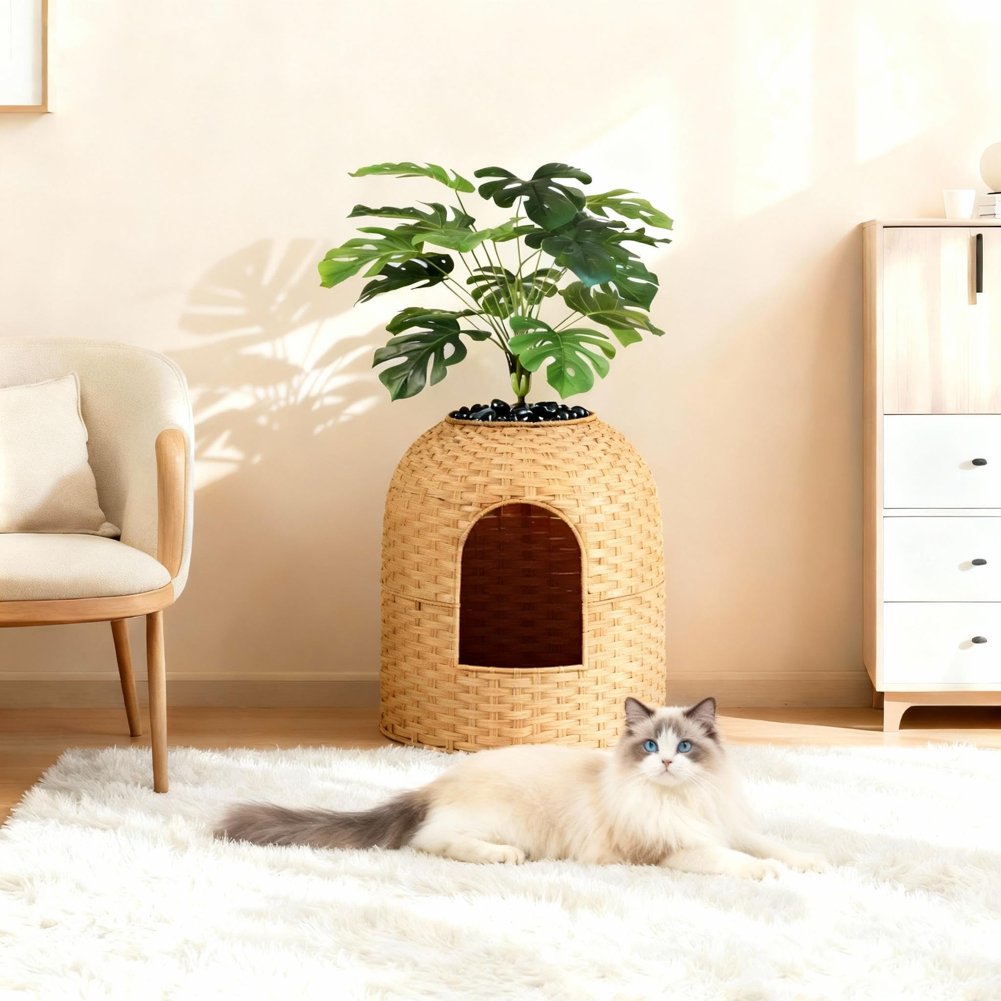 Katzentoilette Versteckte Katzenklo Blumentopf mit Pflanze & Schaufel, Handgeflochtenes Rattan Katzentoilette mit Geruchskontrolle & Kohlefilter (Natur, Gewölbte Tür)