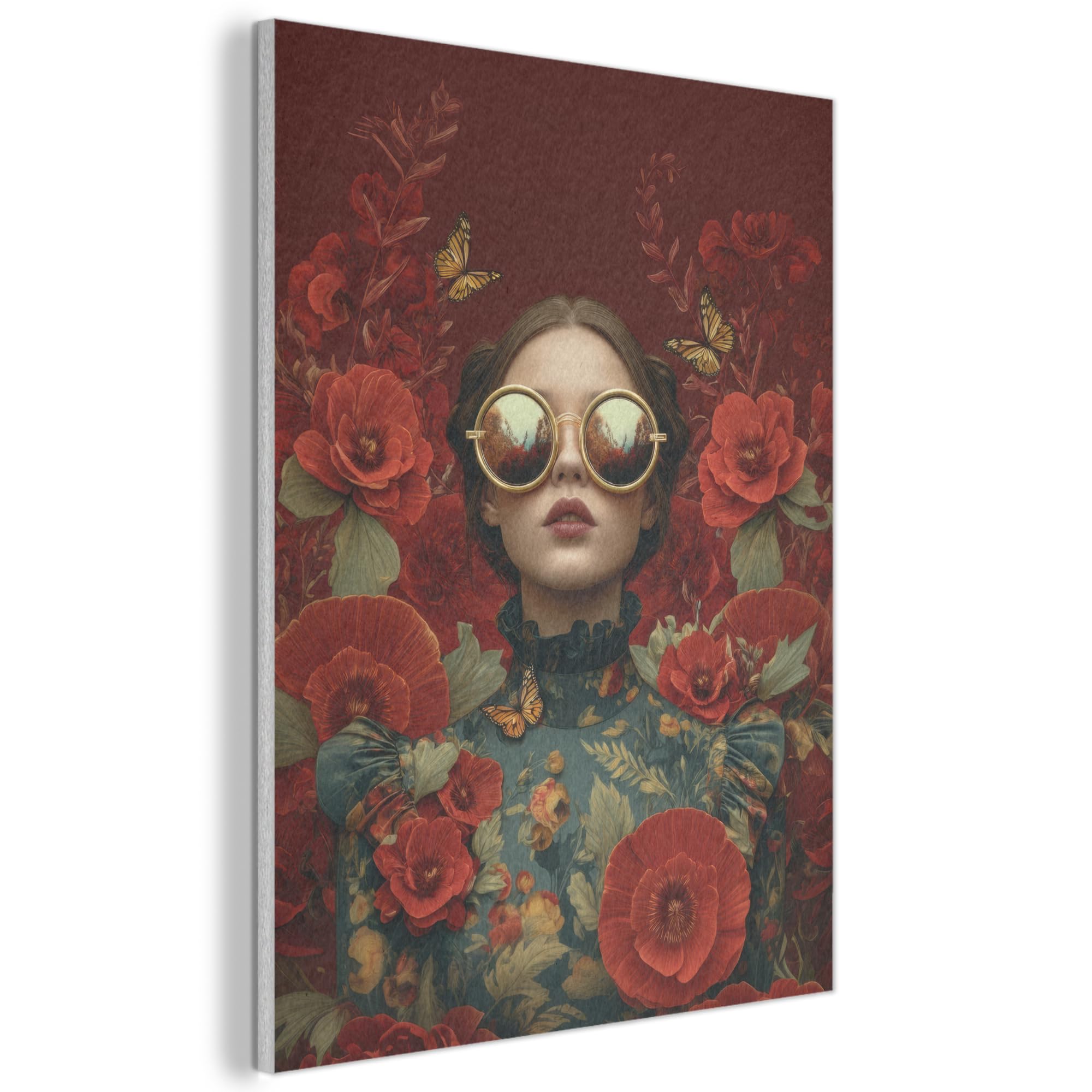 MuchoWow© Felt Panel 70x100 cm Framed Design Print Accent Interior Wallart Decoration Wall Art Flowers - Deep red - Sunglasses - Woman