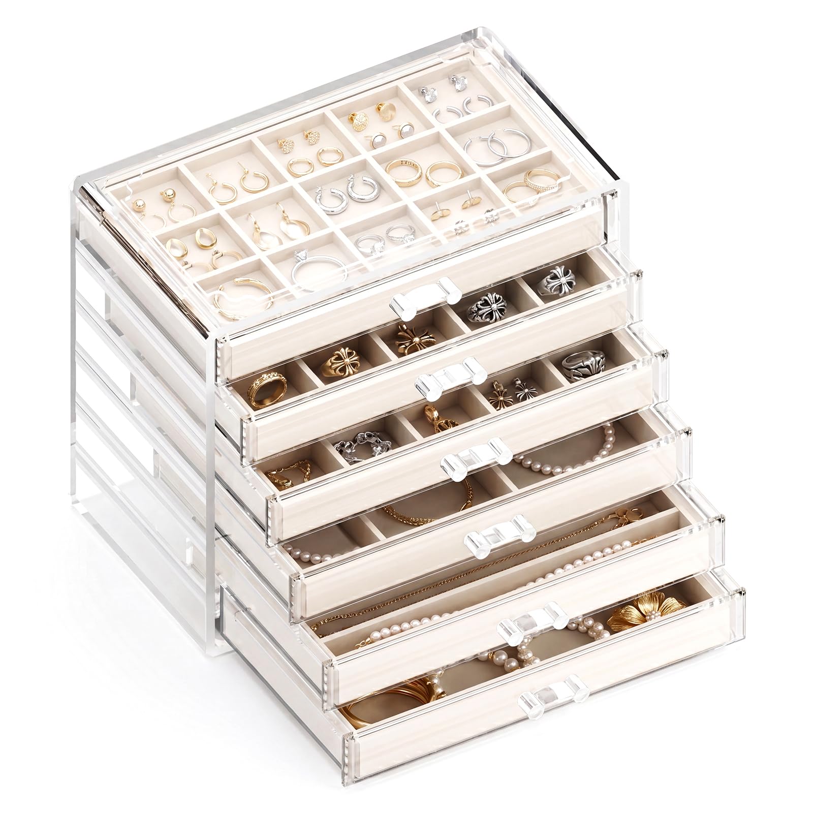Acryl Schmuckaufbewahrung Schmuck Organizer Schmuckkasten mit 4 Schubladen für Ohrringe, Ringe, Armbänder (Warmweiß)