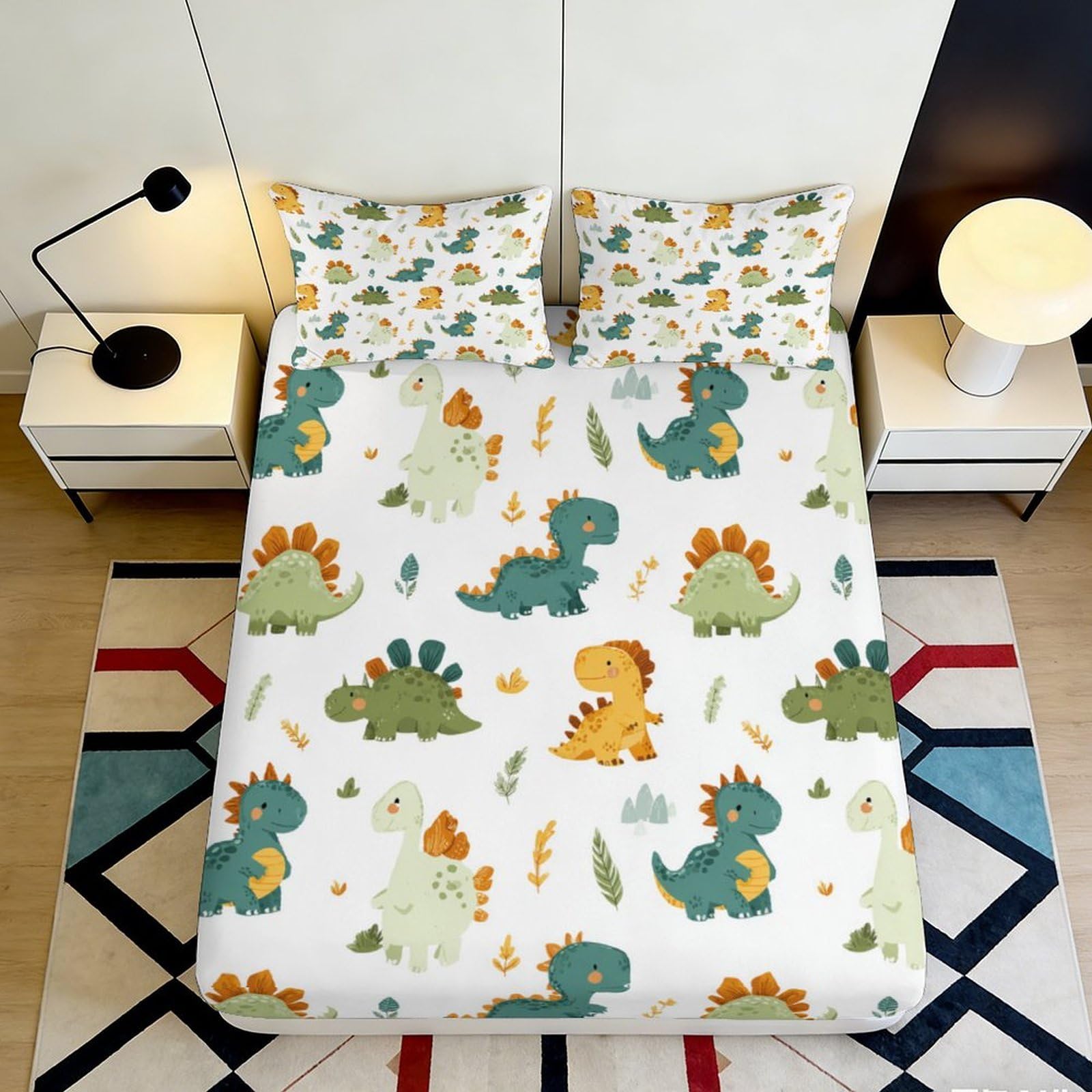 3D Printed Cartoon Dinosaur Fitted Sheet Microfiber Soft Anti-Slip Leaf Pattern Mattress Cover for Bedroom Dorm 200x200x25cm