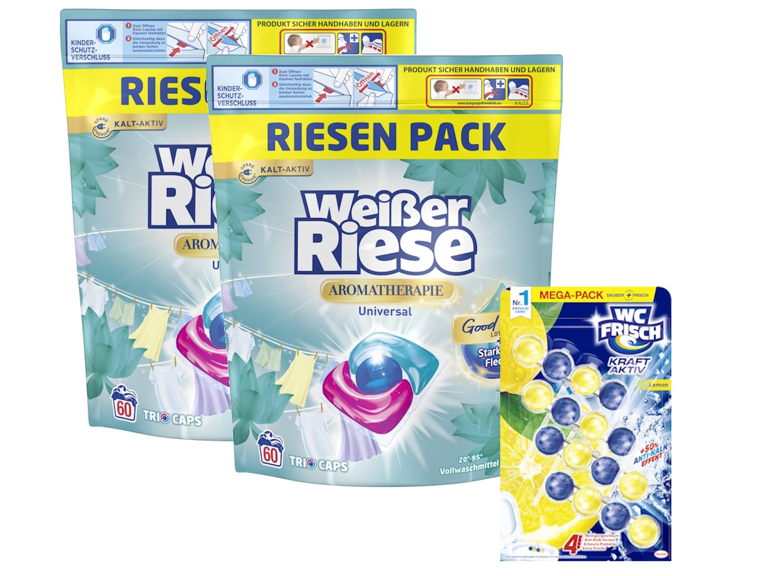 Weißer Riese Universal Trio-Caps A-Th. Lotus & Mandelöl (1x 120 WL), Vollwaschmittel mit intensivem Dufterlebnis & WC FRISCH Kraft Aktiv Duftspüler Lemon, 1x 200 g