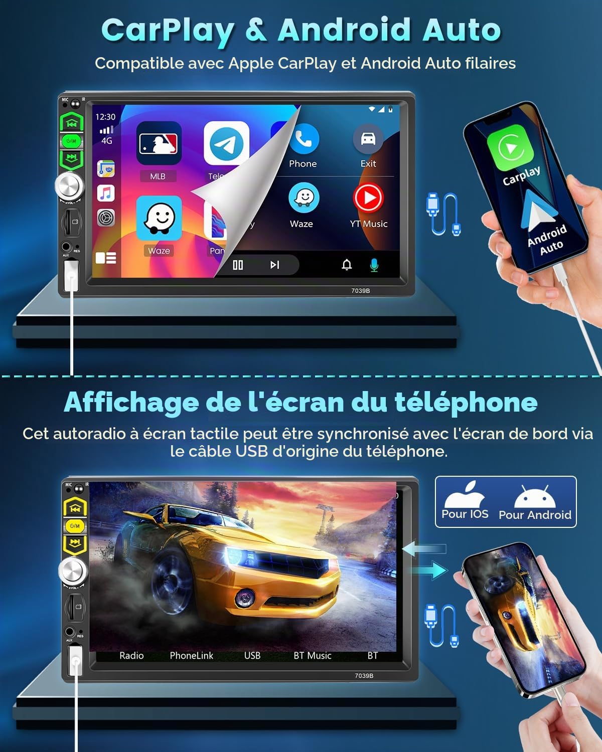 Autoradio 1 DIN 7" CarPlay Android Auto Bluetooth FM USB AUX