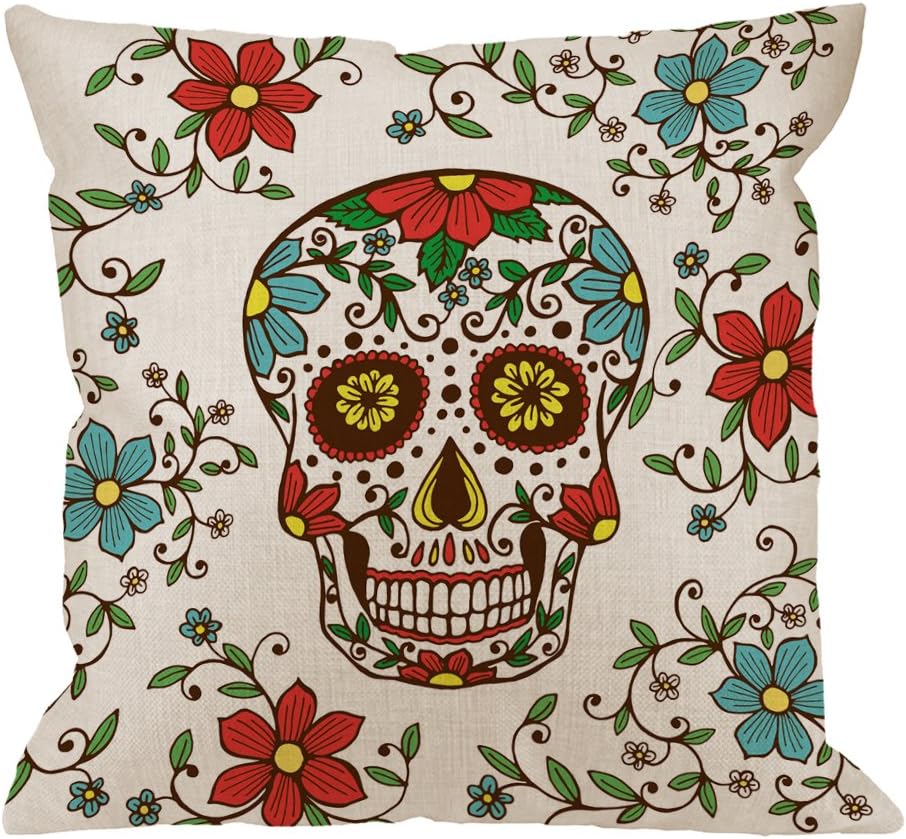 HGOD DESIGNSDay of The Dead Decorative Throw Pillow Cover Case,Colorful Skull with Floral Cotton Linen Outdoor Pillow Cases Square Standard Cushion Covers for Sofa Couch Bed Car 18x18 inch Red Green