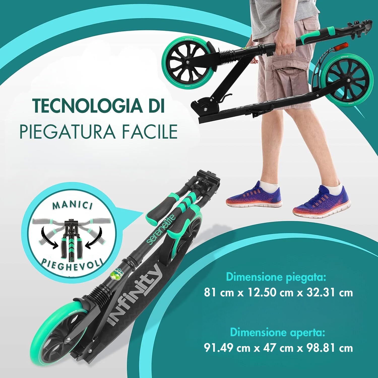 SereneLife Monopattino, Monopattino Bambini da 8 Anni, 2 Ruote con Manubrio Regolabile, Adulti e Adolescenti, Antiscivolo, Monopattino Pieghevole, Monopattino a Spinta e Portatile con Tracolla