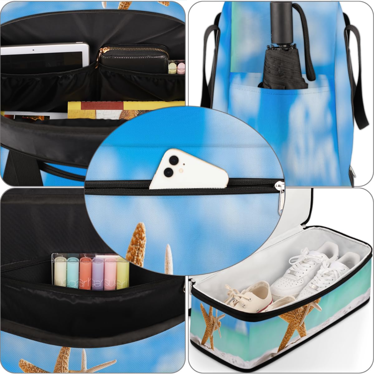 Ocean Beach Starfish - Bolsa de viaje plegable con diseño de estrella de mar de 47 litros, bolsa de fin de semana con funda para carrito de transporte, bolsa de hombro separada para deportes,