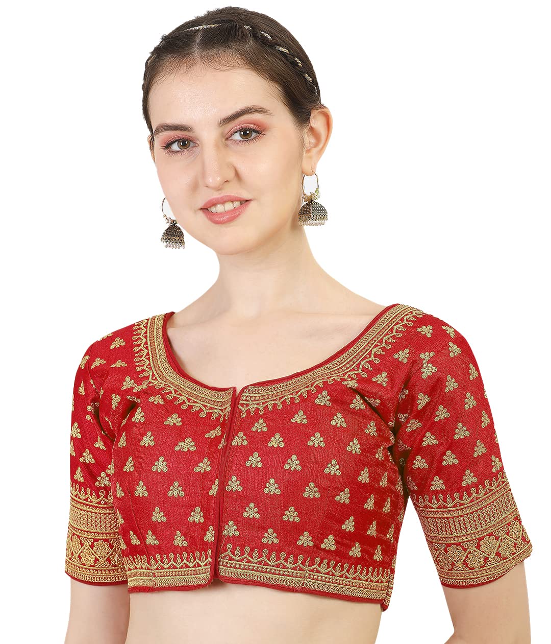 Pujia Mills Women's Silk Embroidery Sequins Work Readymade Saree Blouse (Rose_Red_38)