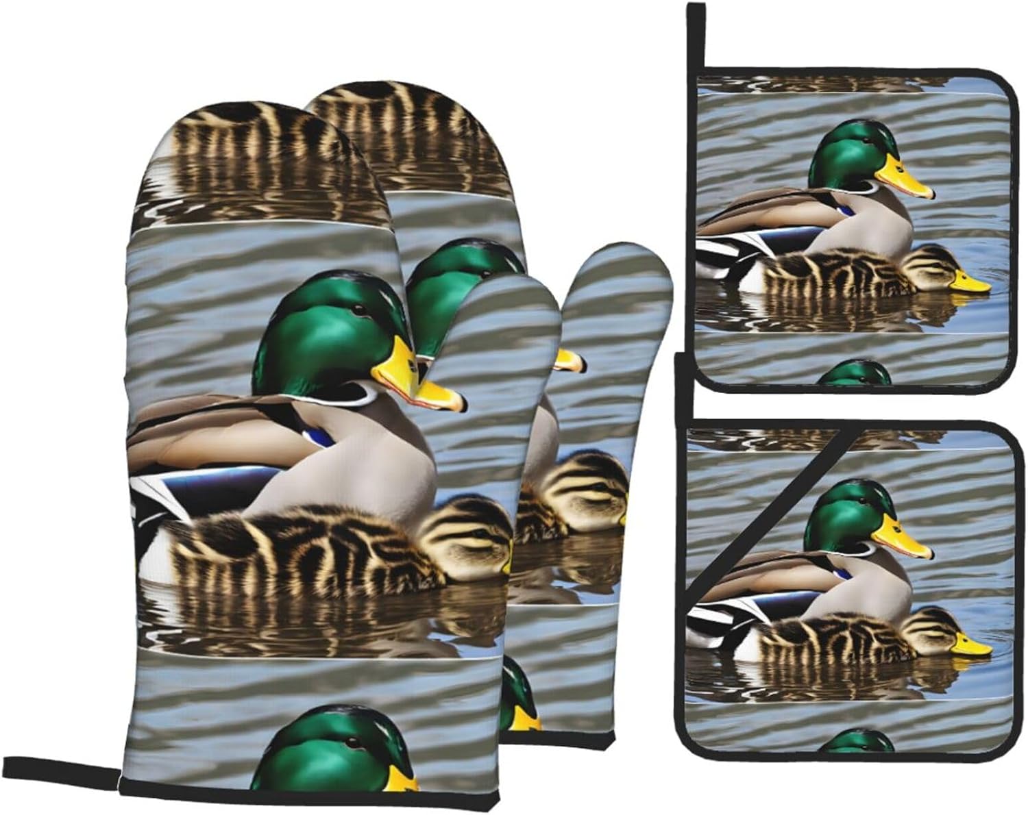 (Mallard Duck) Baking 4-Piece Set: 2 Oven Mitts and 2 Pot Holders Heat Resistant Waterproof Hanging Loop for Kitchen Oven Grill Housewarming Gifts