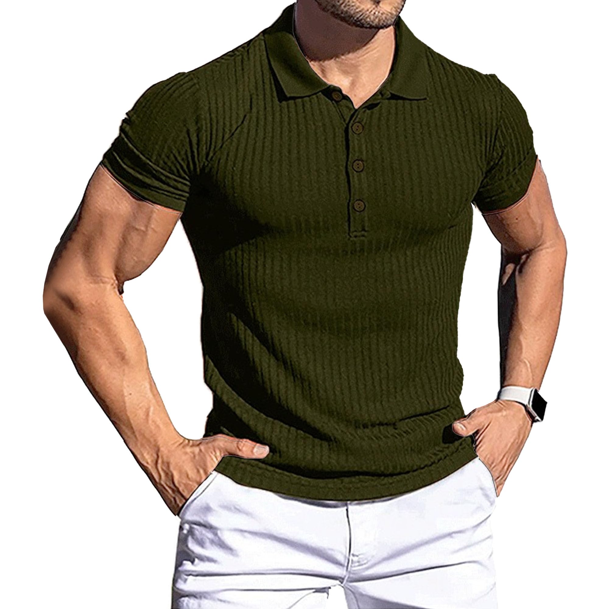 Men High Elastic Vertical Polo Shirts Slim Button Knit Bottoming T Shirt Summer Classic Cozy Pullover for Jogging (Navy Green,X-Large)
