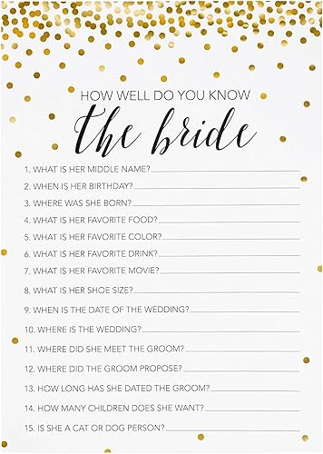 Miniatura 7 de Juvale Juegos de despedida de soltera - Juego de 250 piezas para 50 invitados, tarjetas de lunares dorados de 5 x 7 pulgadas, juegos de despedida de