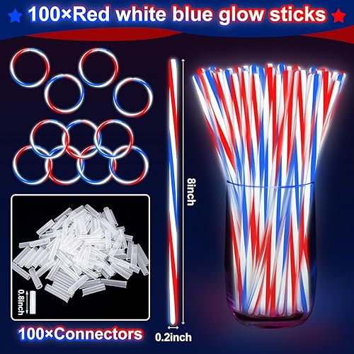 Miniatura 2 de 100 varillas luminosas para el 4 de julio a granel con conectores, rojo, blanco y azul, 3 colores en 1 que brillan en la oscuridad, pulseras y