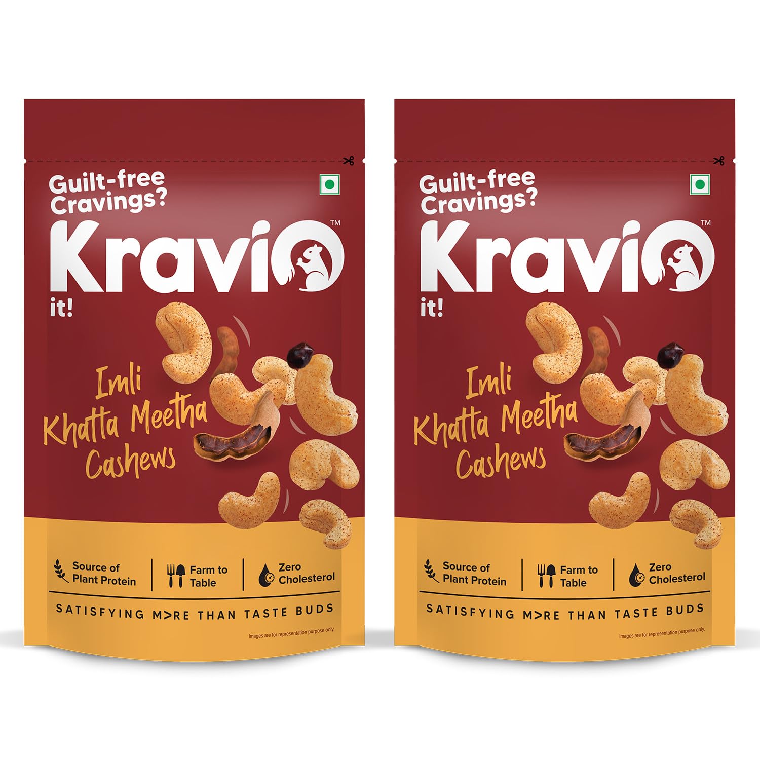 Kravio Premium Imli Khatta Meetha Roasted Cashew Nuts (2 X 200g) | Zero Cholesterol Natural Jumbo Size Whole Kaju Nuts & Dry Fruits | Rich in Protein, Roasted Crunchy Delicious Healthy Snacks