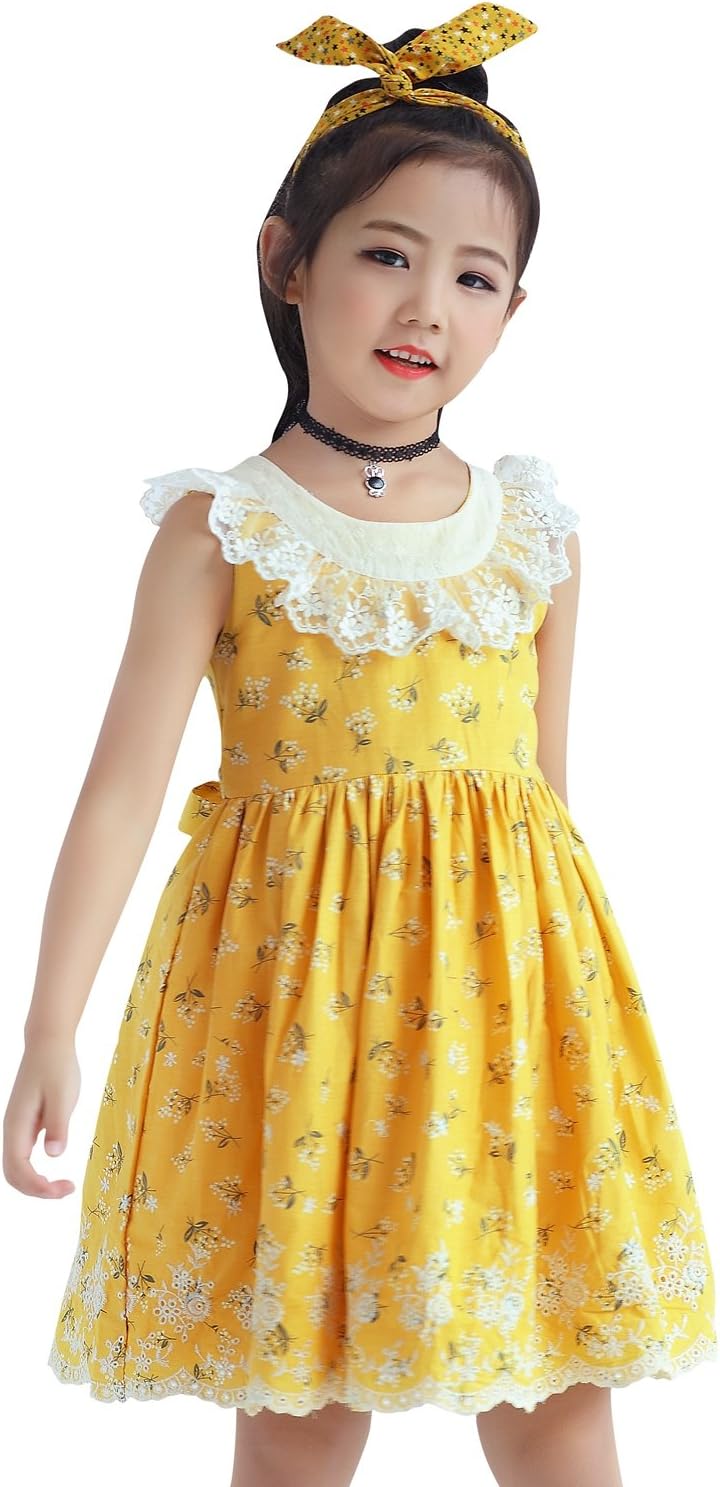 Flower Lace Rose Embroidery Cotton Girls Dress Ruffle Design Childrens Dresses with Lining Yellow Color 2-10T (8-9T Height 56", Light Yellow)