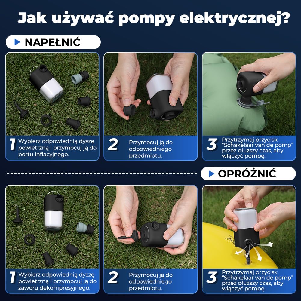 Przenośna pompka elektryczna 4000 kPa do nadmuchiwanego materaca, elektryczna pompa powietrza 3000 mAh z lampą kempingową, może nadmuchiwać i nadmuchiwać, czarna