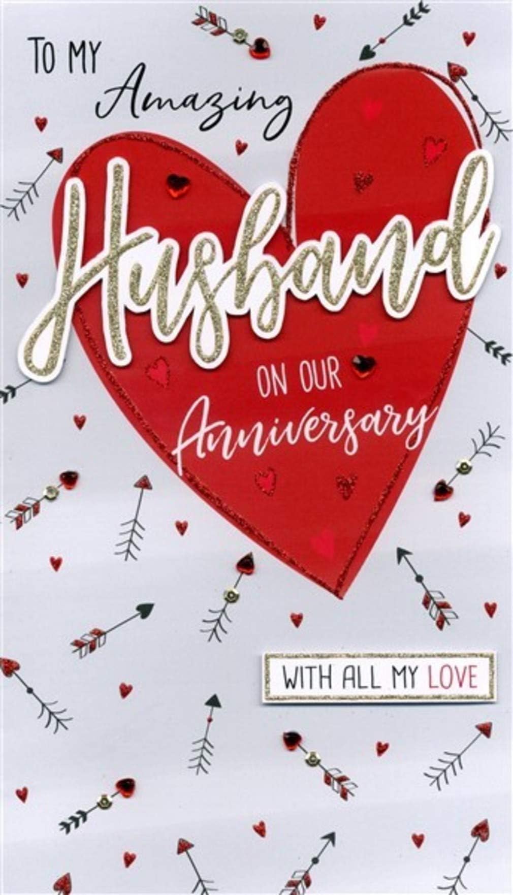 Sienna Nicole Anniversary Greetings Card for Husband Large Card 17 x 30 cm Hearts Glitter to My Amazing Husband with All My Love