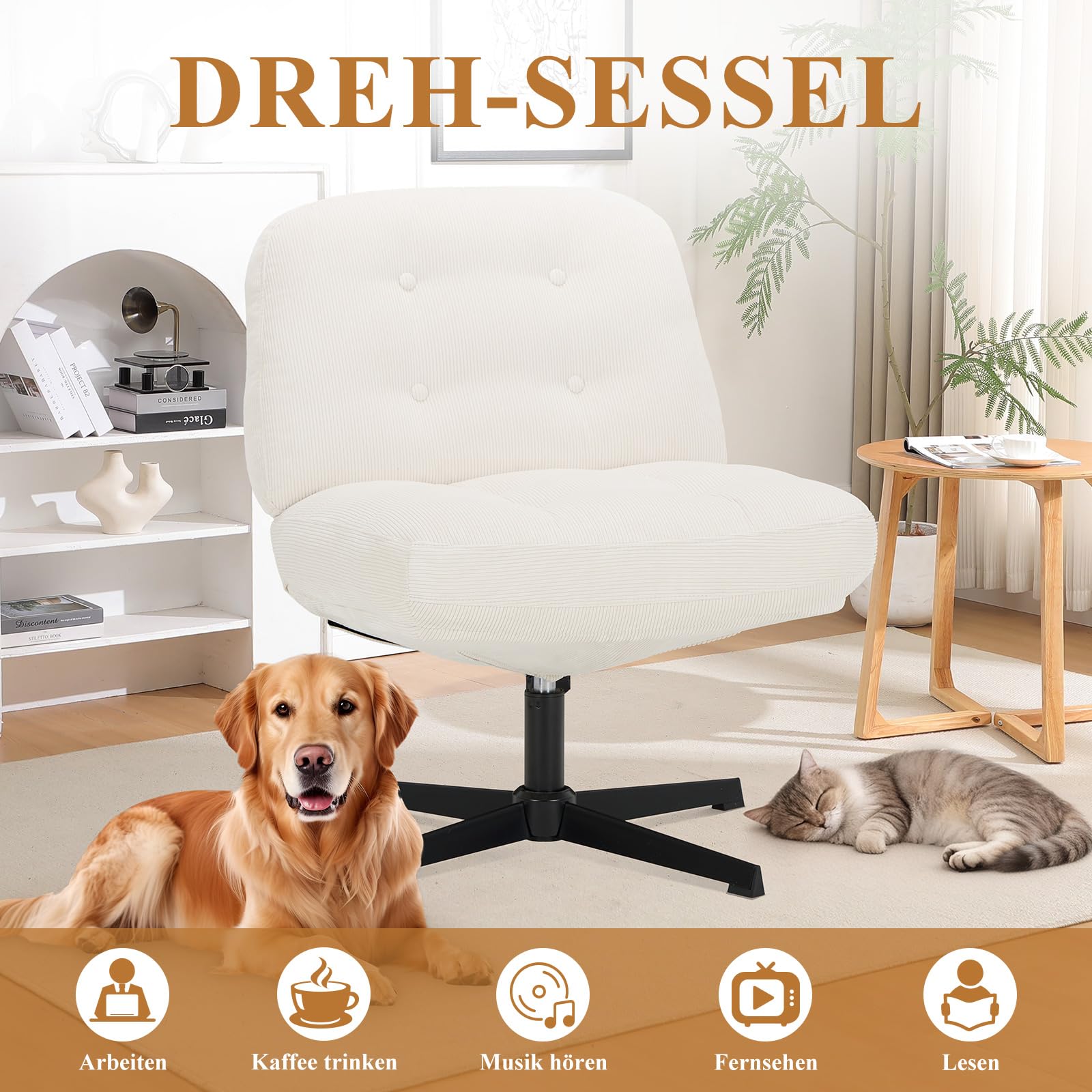 COLAMY Sessel Wohnzimmer, 360° Drehbarer Loungesessel mit Entspannung, Relaxsessel Gepolsterter Sofasessel mit Metallbeinen für Schlafzimmer, Polsterstuhl Akzentsessel für Heimbüro, Weiß