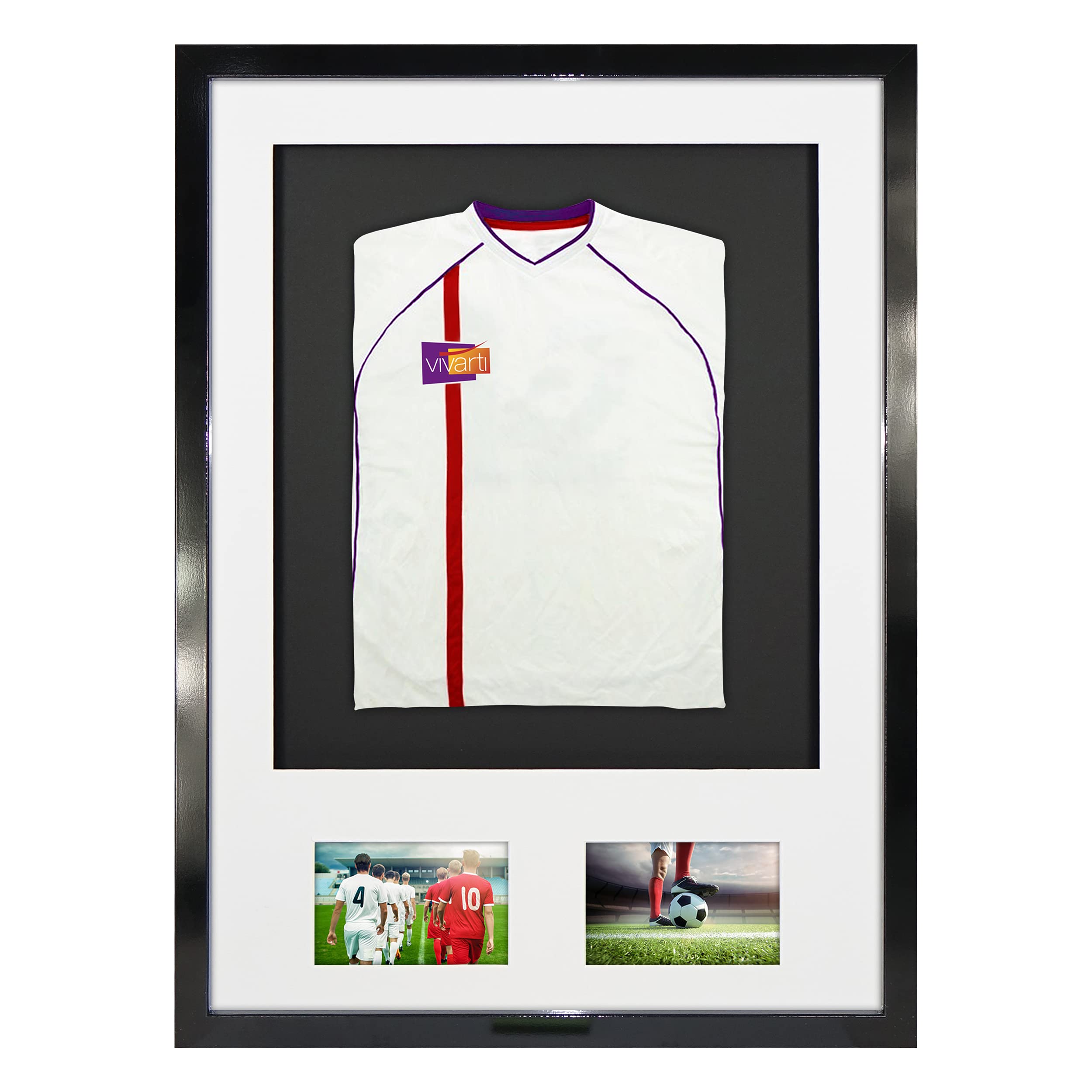 Vivarti DIY - Marco de visualización para camisa deportiva con doble apertura (50 x 70 cm), color negro brillante, soporte blanco, tarjeta trasera negra