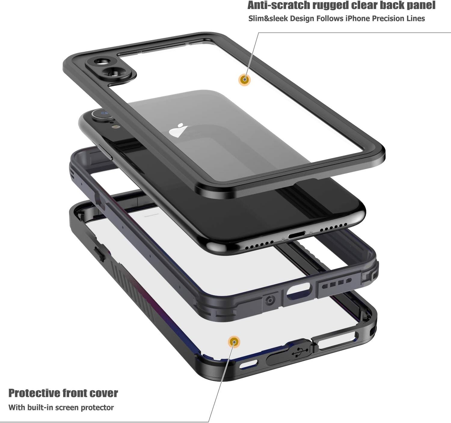 Temdan iPhone XR Case Waterproof,Clear Sound Quality Built in Screen Protector Heavy Duty IP68 Waterproof Support Wireless Charging Shockproof case for iPhone XR 6.1inch Black/Clear