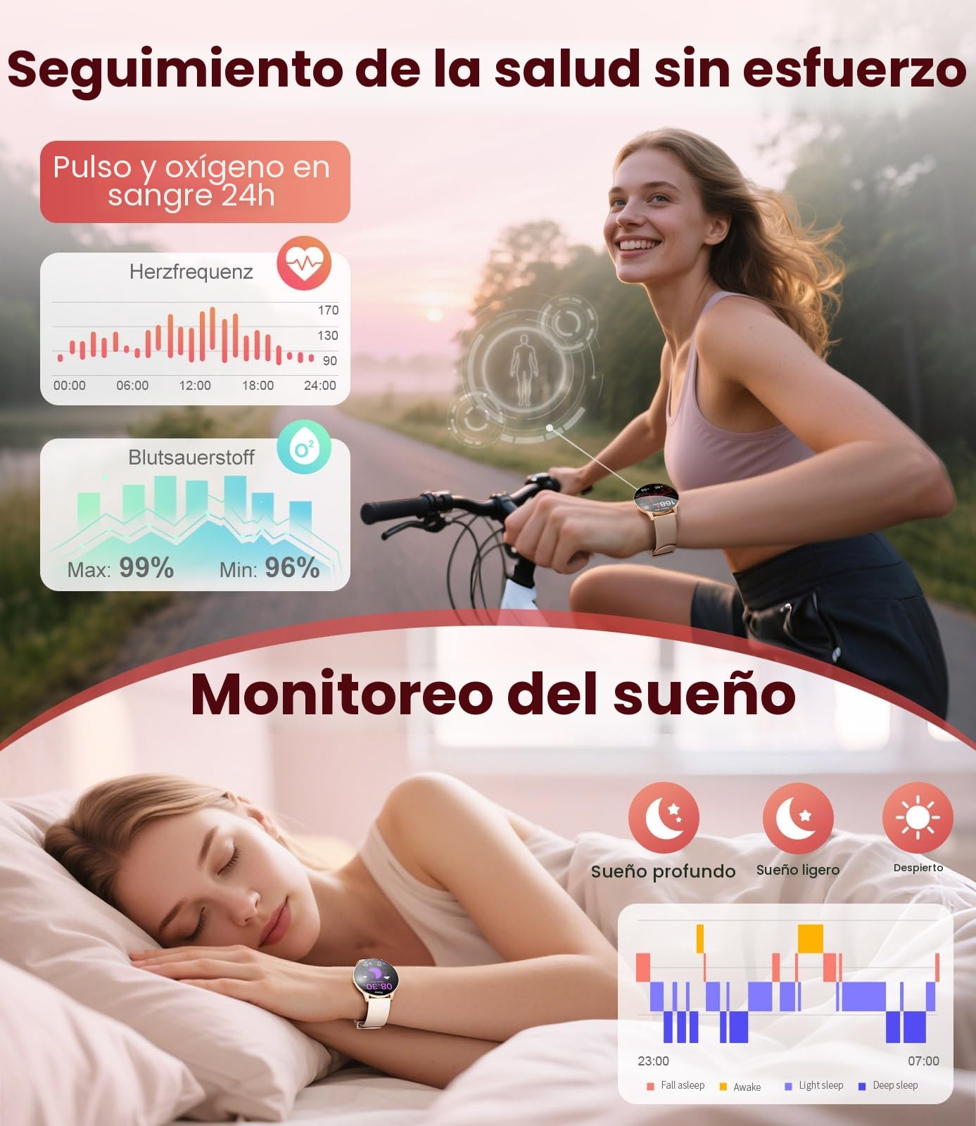 Reloj Inteligente Mujer 2025-7.99 mm Ultra-Delgado Elegante Fitness Watch con 1,43'' HD AMOLED Pantalla, Llamadas/IP68 Impermeable, 100+ Modos de Deporte, Salud de la Mujer para iOS Android, Oro Rosa