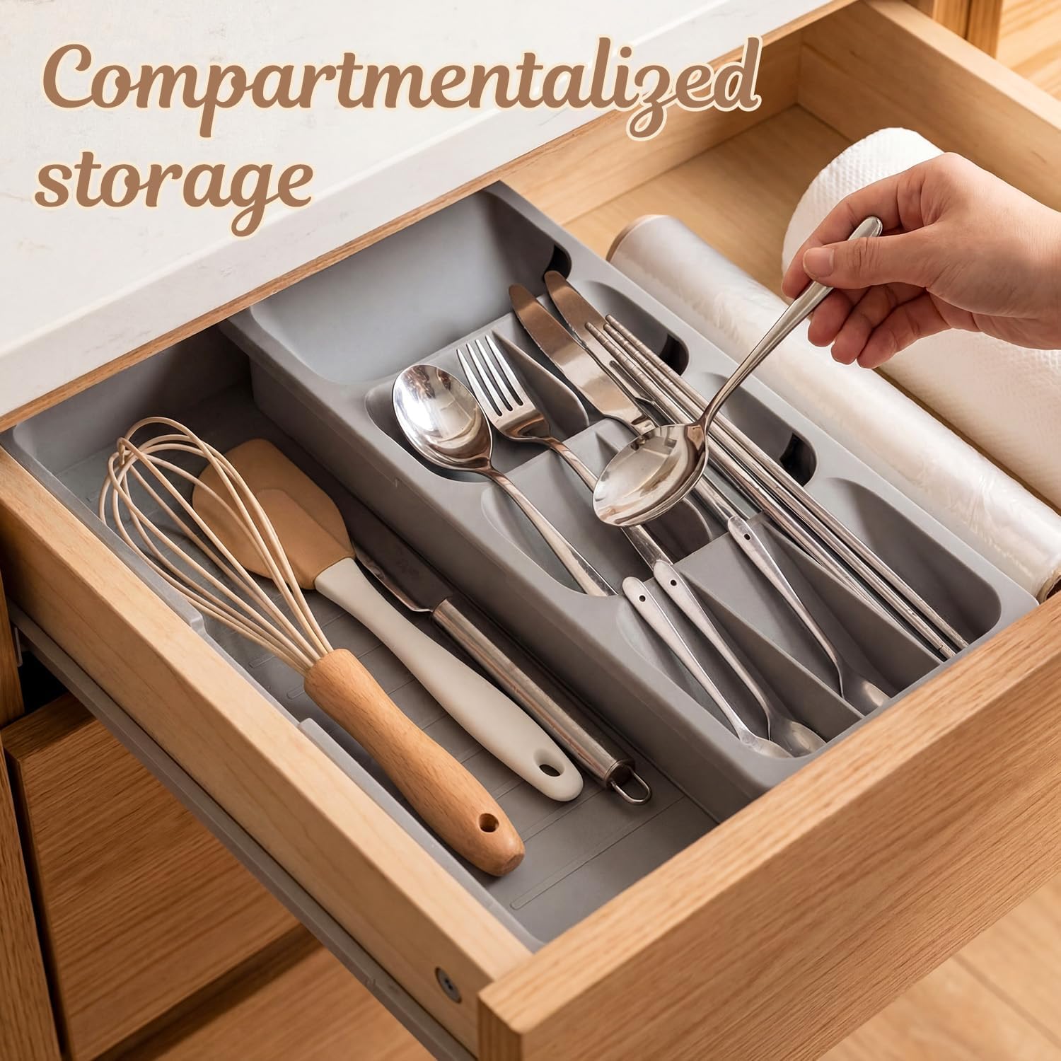 Expandable Silverware Drawer Organizer Tray, Adjustable Utensil Holder for Kitchen Drawers, BPA-Free Plastic Cutlery and Flatware Storage Divider - Image 7