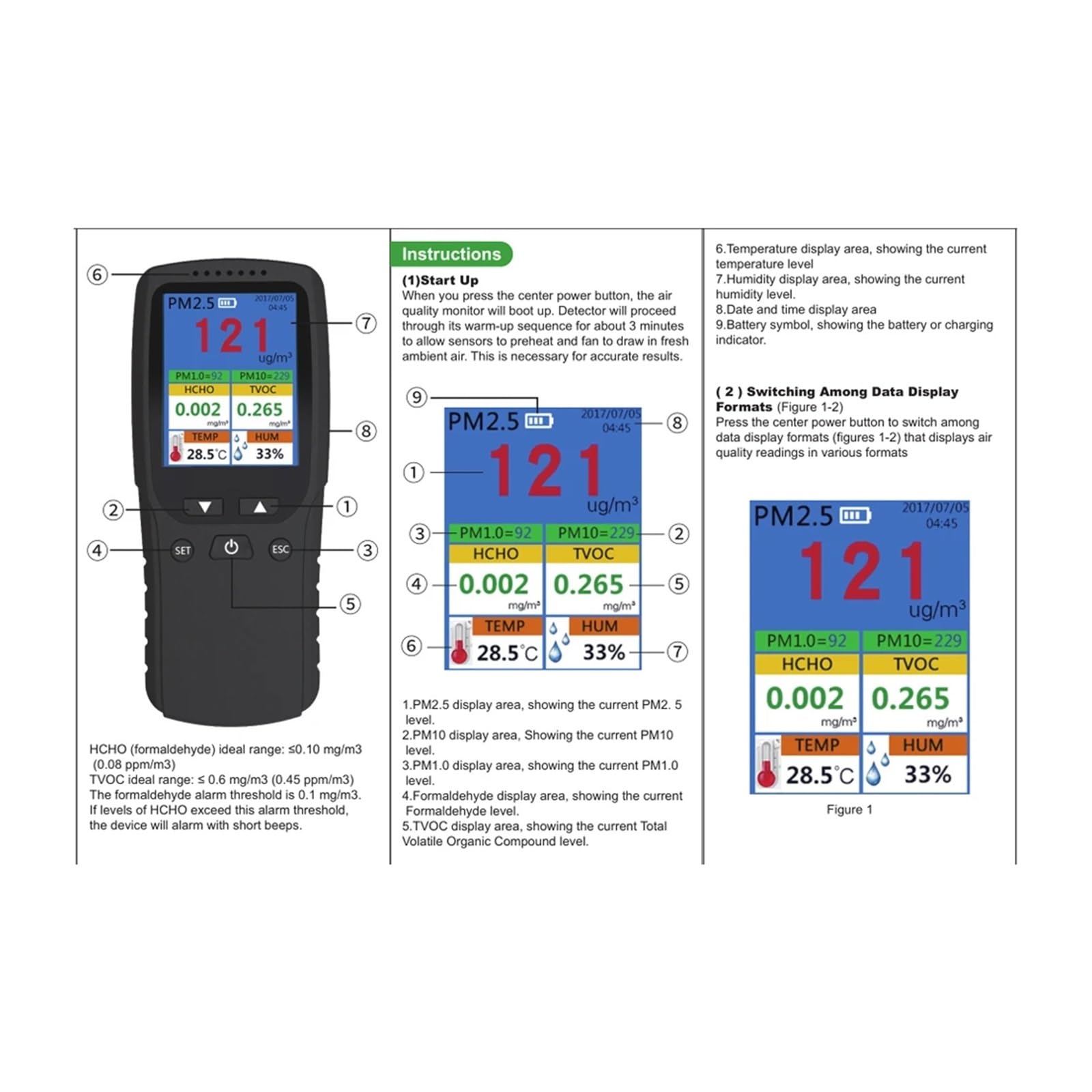 Detector portátil de PM2.5 for interiores, termohigrómetro multifuncional, detector de aire digital LCD for el hogar, analizador intelinte de calidad del aire Alta sensibilidad, respuesta rápida