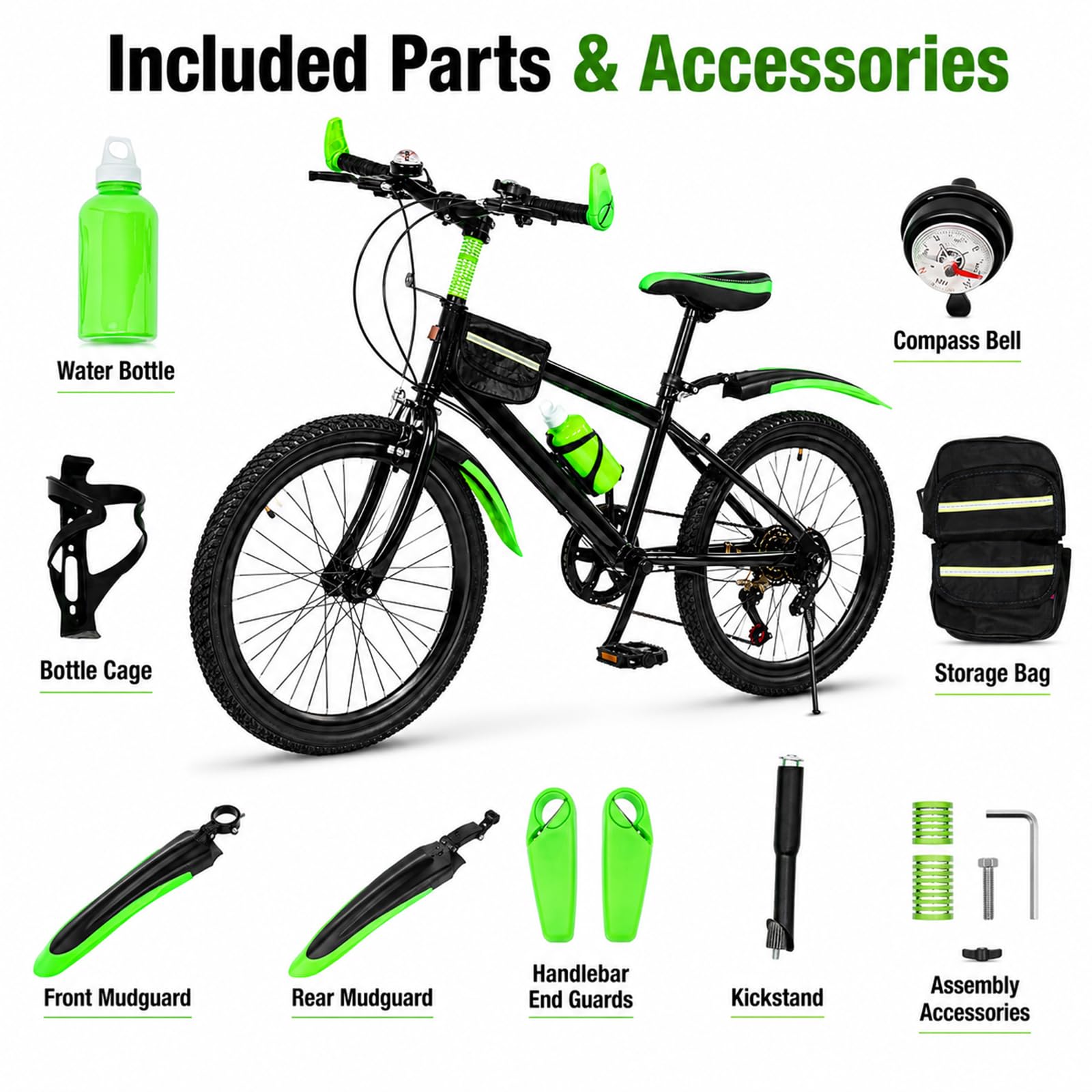 Vélo pour enfant de 20 pouces, VTT, vélo avec garde-boue, bouteille d'eau et clochette, cadre robuste en acier au carbone, pour garçons et filles de 8 à 12 ans, pour