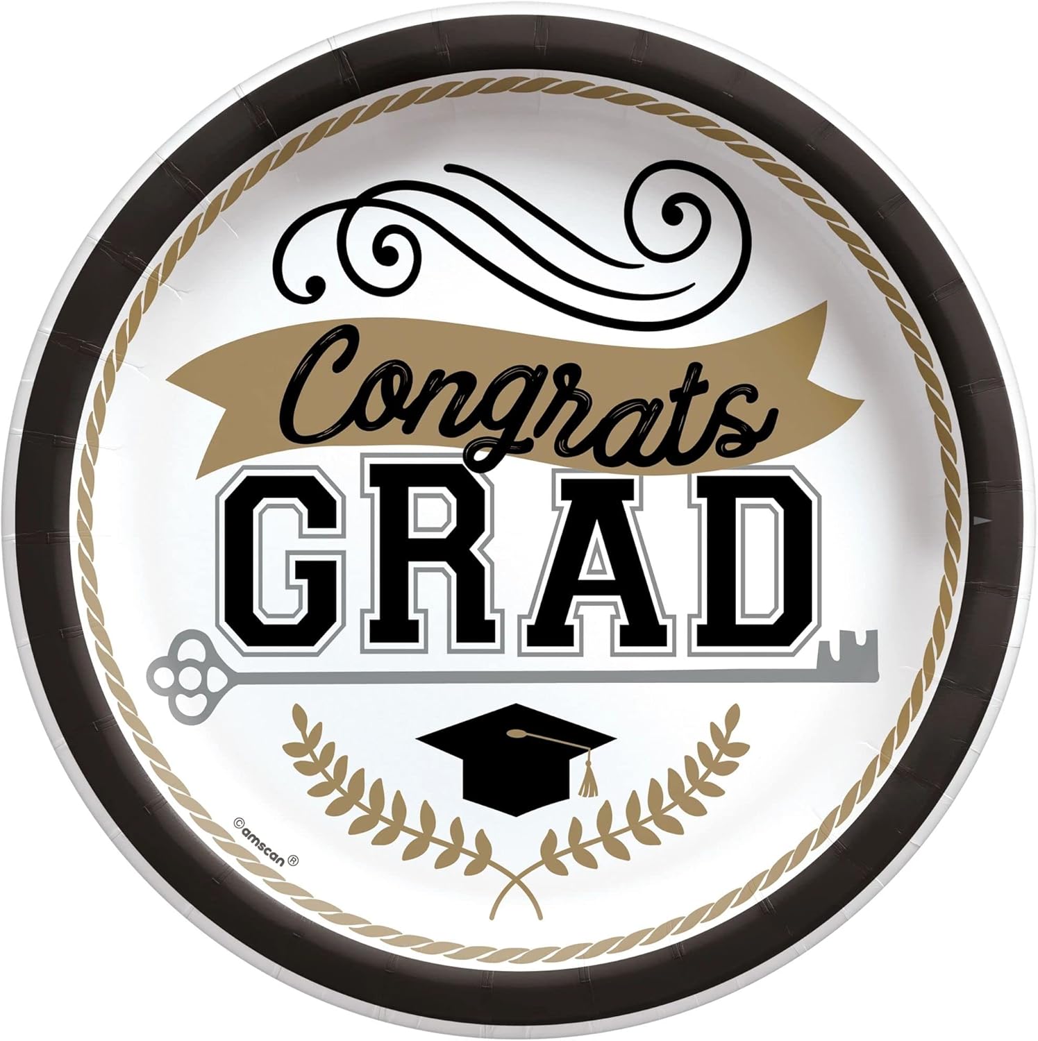 Achievement Is Key "Congrats Grad" Round Paper Plates - 8.5" (Pack of 50) - Gold, Black & White Sturdy Party Tableware, Perfect for Classy Graduation Celebrations