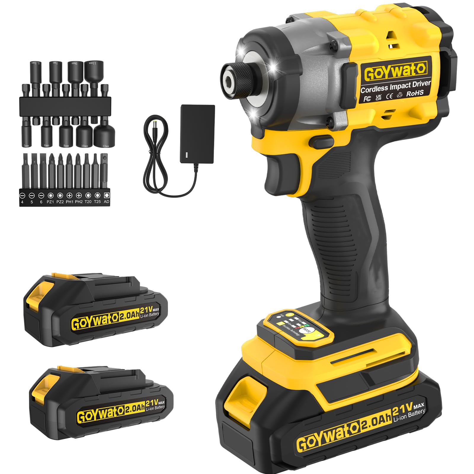 Atornillador de Impacto 320 Nm, Portapuntas de 1/4", Motor sin Escobillas, 21V Destornillador de Impacto con 2 Baterías de 2,0 Ah & 9 Dados & 10 Puntas de Destornillador para Bricolaje
