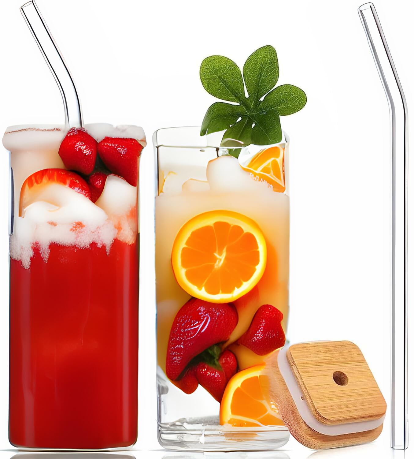 KD ZONE Glass Mason jar Mug Sipper with Airtight Wooden Lid & Glass Straw Used for hot & Cold Drinks, 410 ml (Set of 2) 2