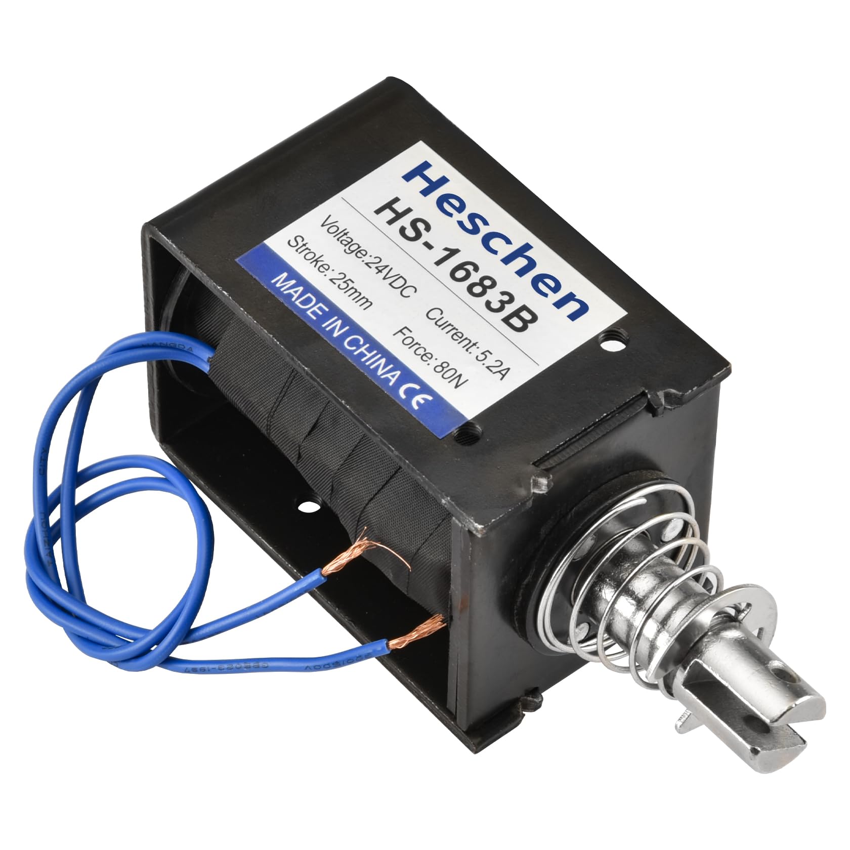 Heschen Electroimán de solenoide, HS-1683B, DC24V 5.2A, carrera de 25mm, fuerza 80N, tipo Push Pull Tipo, marco abierto, movimiento lineal