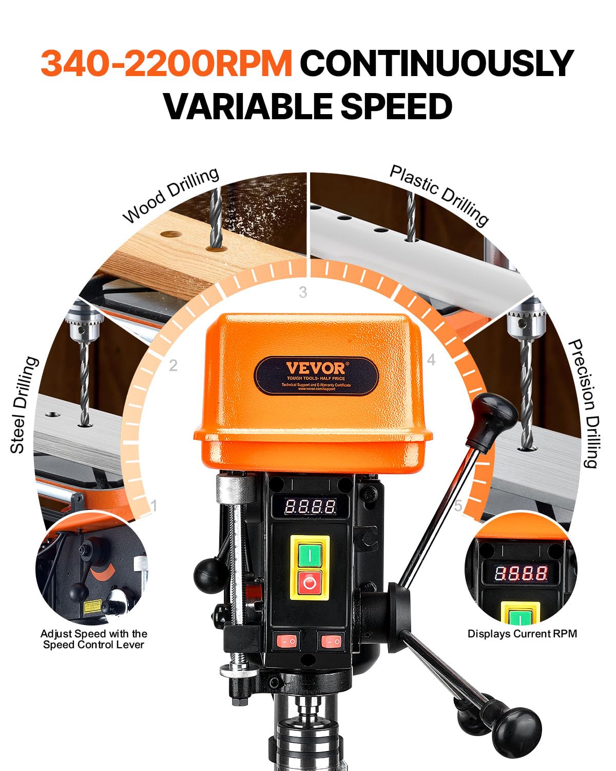 VEVOR 304,8 mm Tischbohrmaschine, 750 W, Säulenbohrmaschine mit 340–2200 U/min variabler Drehzahl, mit 0–45° neigbarem Arbeitstisch, LED, Röntgenpositionierung, für Holz & Metall