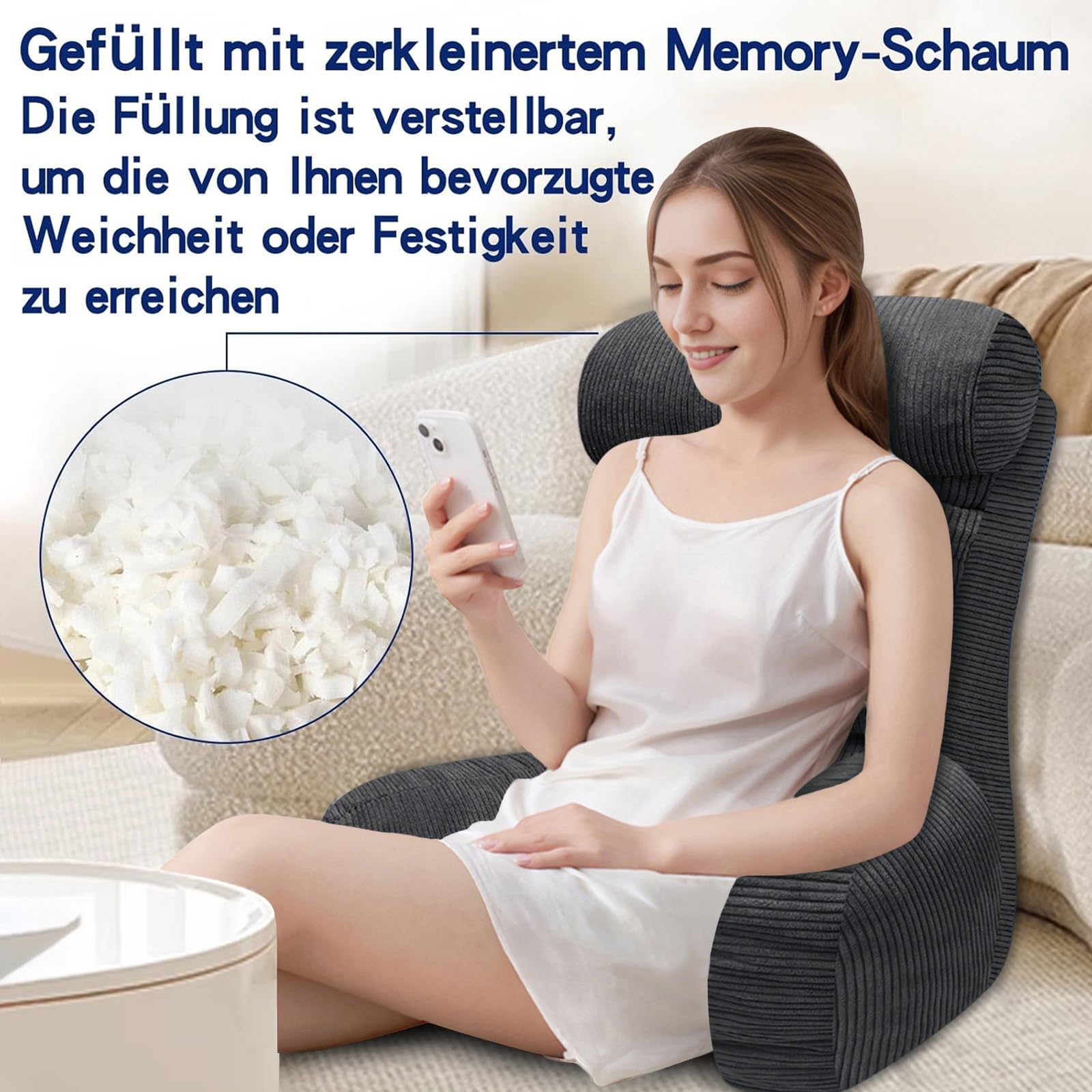 Lesekissen für Bett und Sofa，Rückenkissen für Bett，Lesekissen mit Rückenlehne für Erwachsene ，Bequem zum Sitzen, Lesen & Fernsehen in Boden oder Sofa（Charcoal，65 * 30cm）