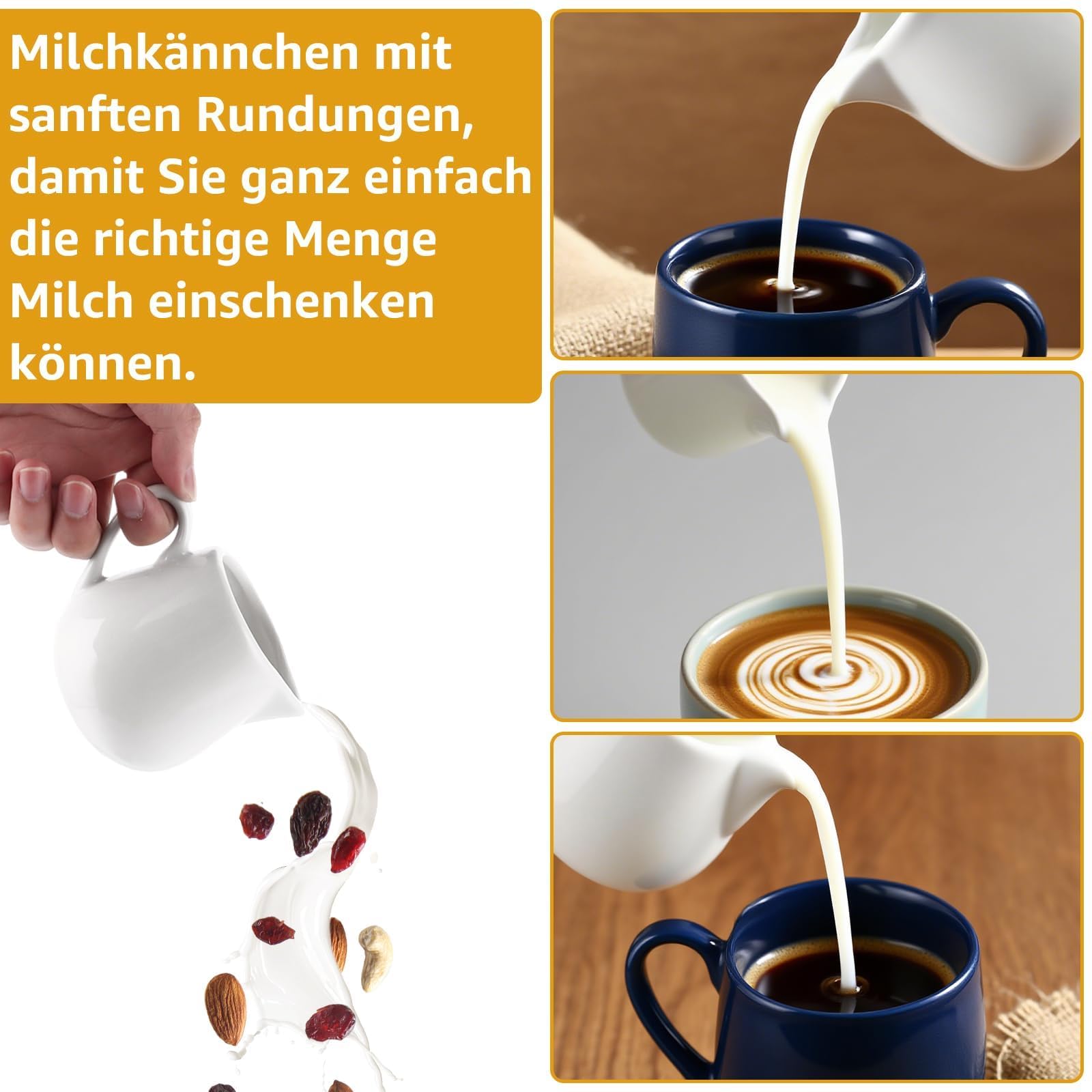 Milchkännchen Porzellan, 8 Stück Milchkännchen Weiß 240ml Milchkännche Großes Milchkanne Espressogießer, Schaumkännchen Groß Espressokanne für Kaffee, Milch, Saucen, Cafe, Küche