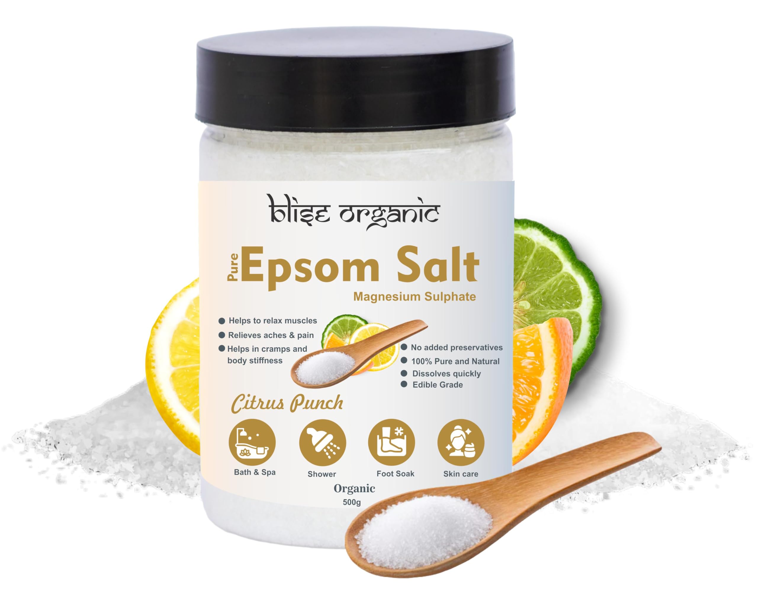 Blise organic 100% Pure Citrus punch Epsom bath salt, fine granules, for bath, skincare, personal care, infused with lemon, orange and bergamot oils -500g-picture-56