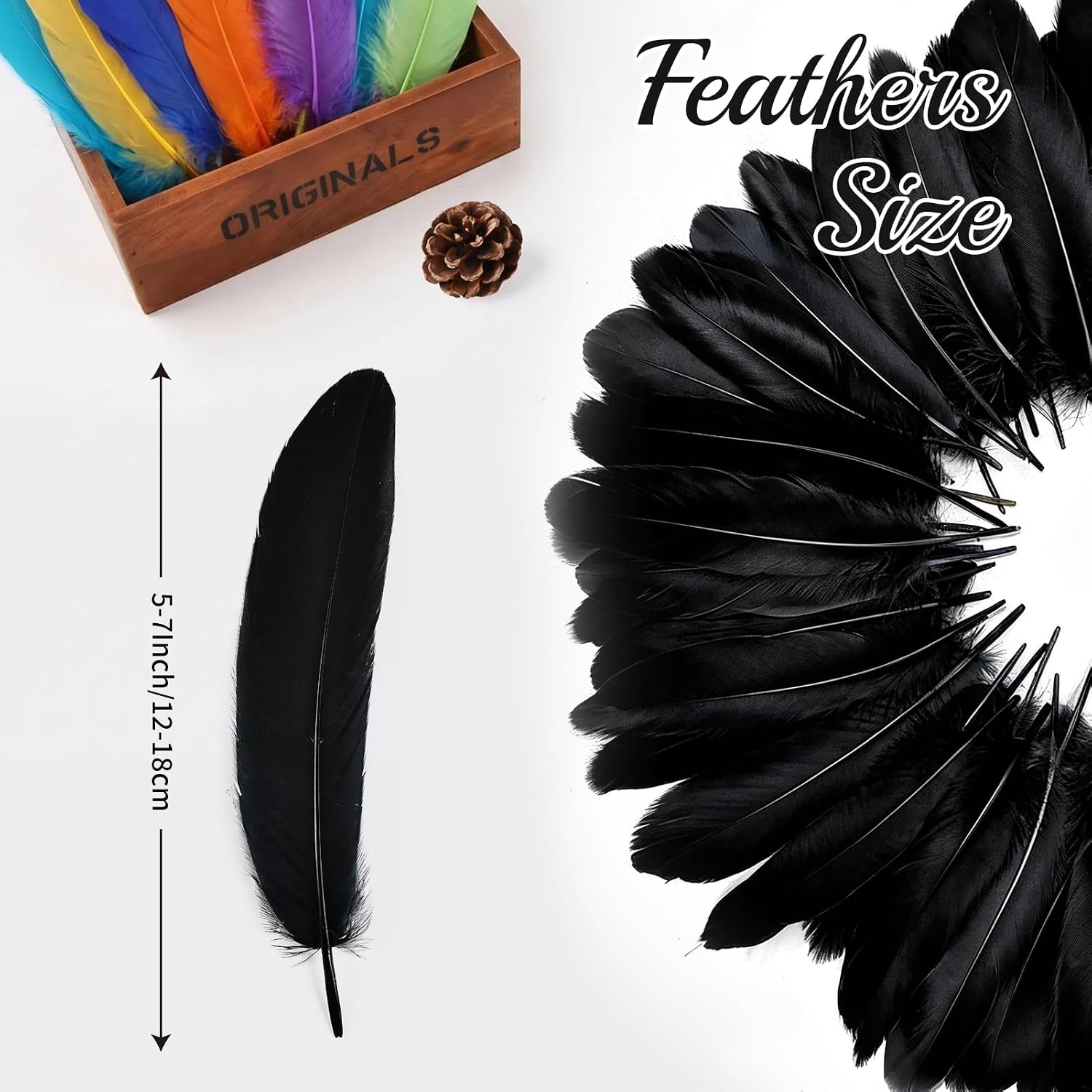 300pcs Black Natural Goose Feathers Bulk 5-7 Inch 13-18cm for Crafts DIY, Wedding Party Decorations, Cosplay Wings, Halloween Masks, Dream Catchers
