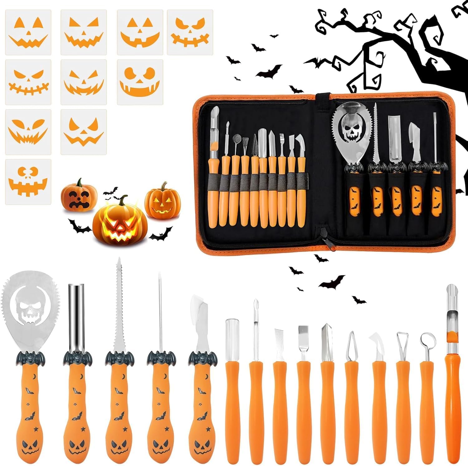Halloween Kürbis Schnitzset Mit 10 Werkzeugen - Edelstahl Messer Für Gruselige Dekorationen