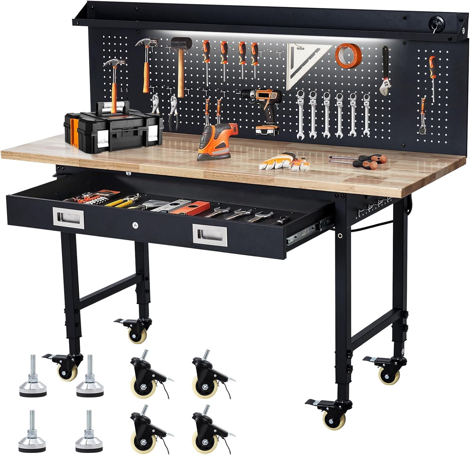 Workbench 60" x 22" Adjustable Height Worktable, Heavy Duty Rubber Wood Top, 2000 LBS Load Capacity, Tool Storage Workstation with Drawer, Pegboard, Power Outlets & Lockable Wheels, with Drawer Back
