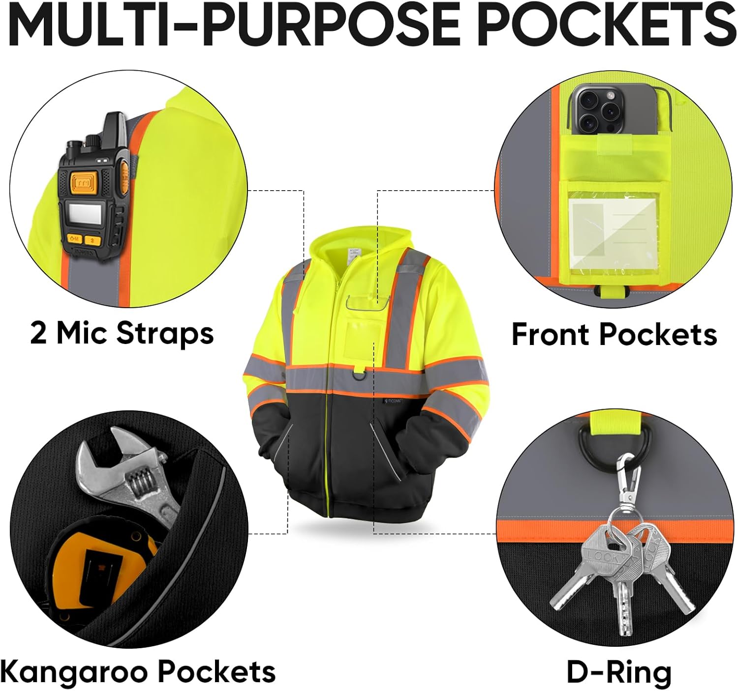 TICONN Safety Hoodie Jacket, High Vis Reflective Safety Fleece Hoodie, PPE Gear for Cold Weather Meet ANSI III - Image 4