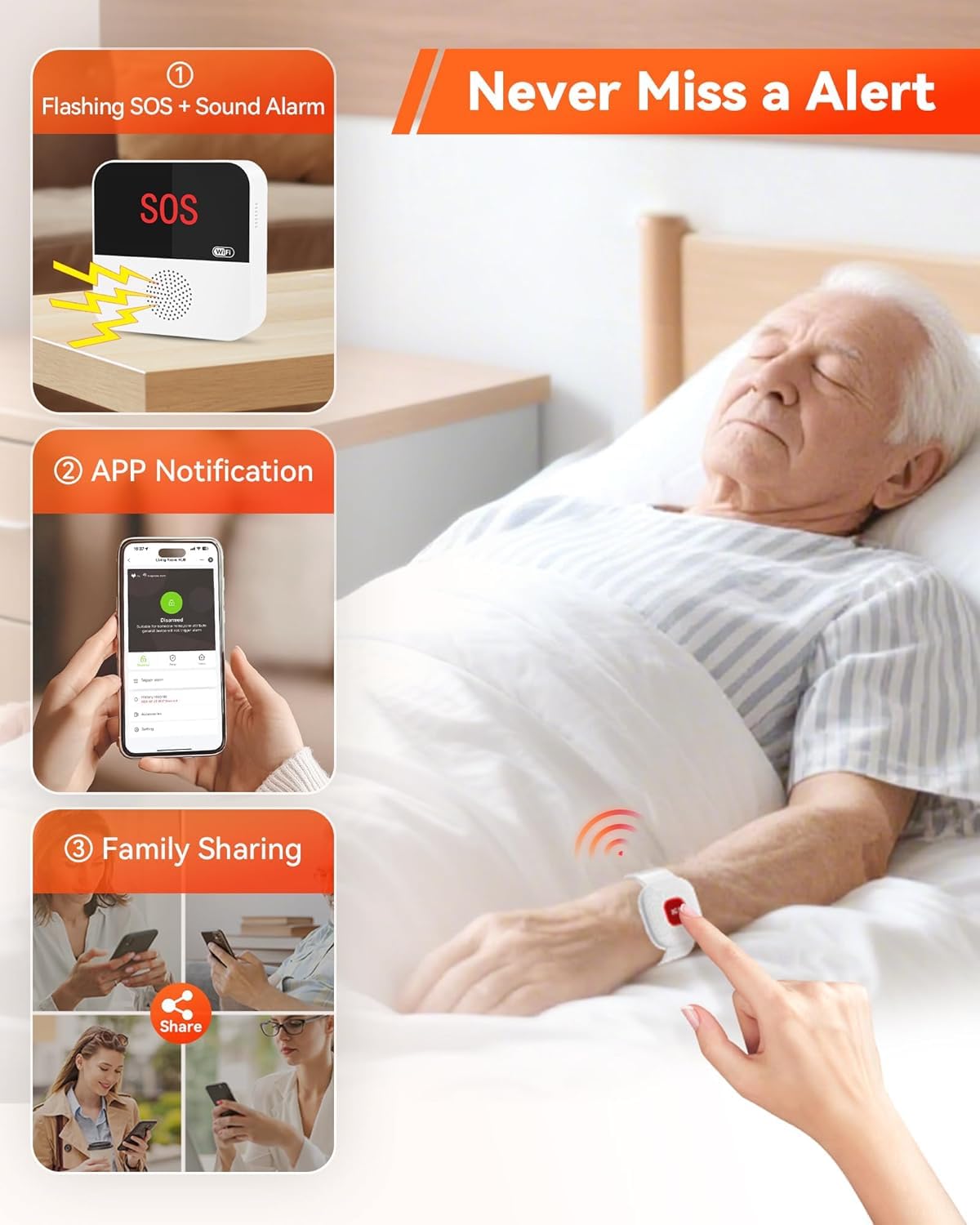 Salvavita Anziani Tuya WiFi Pulsante Emergenza Anziani Sistema di Allarme di Emergenza per i Cittadini Anziani Pazienti Disabili Anziani (Supporto solo 2.4GHz Wi-Fi)
