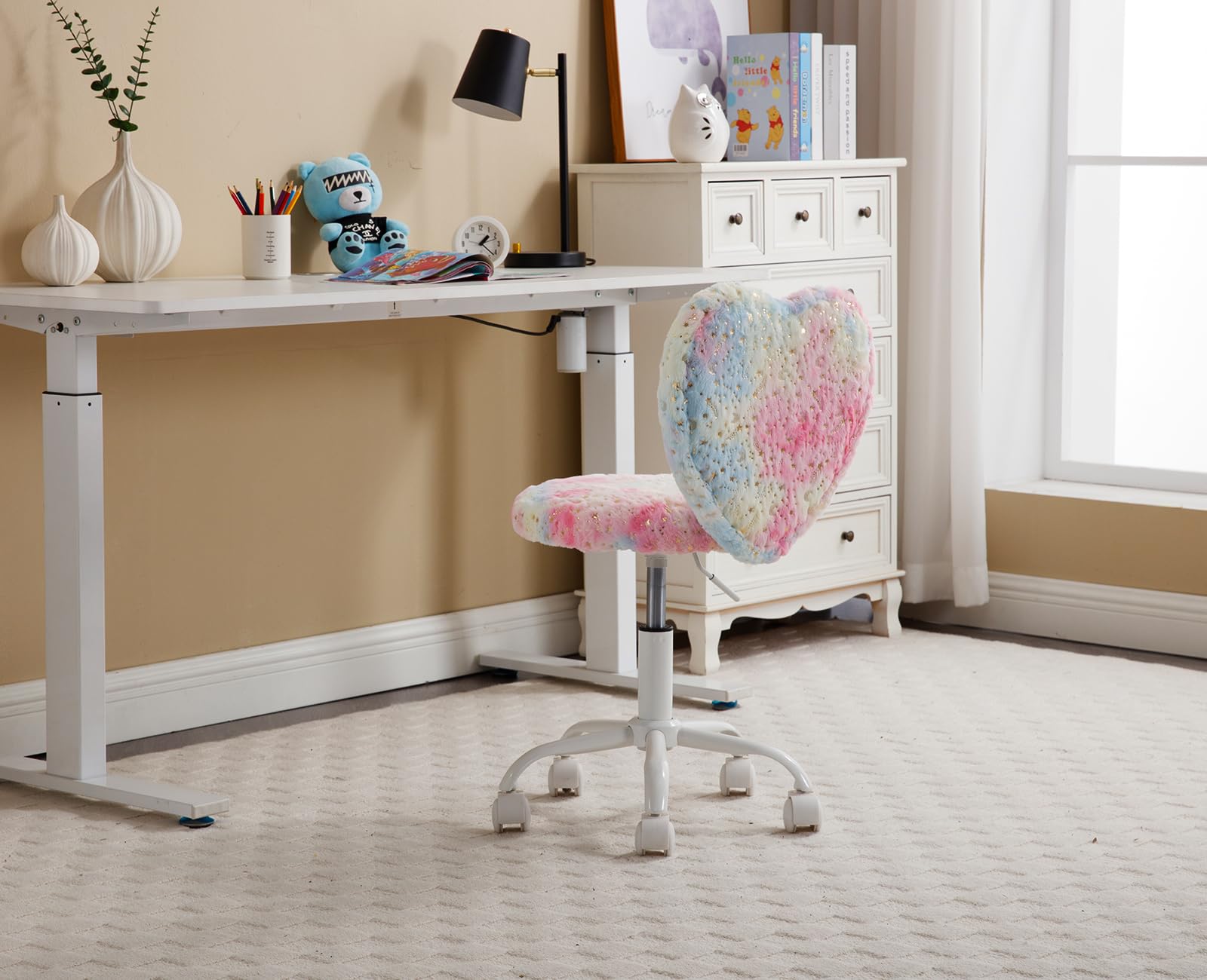 Ya-Home Chaise de Bureau Jolie pour Filles Chaise Bureau Enfant en Fausse Fourrure Fauteuil Bureau pour Filles avec Pied Pivotant, Coloré