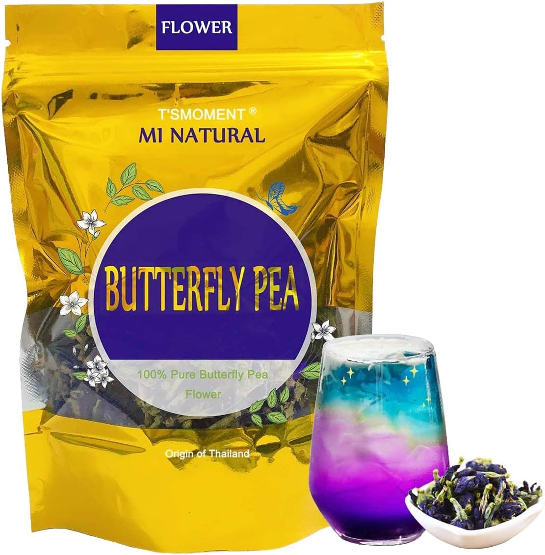 T'SMOMENT Pure Dried Butterfly Pea Flower Tea 100 % Premium Organic Butterfly Pea Tea 50g(1.76 Oz.) GMO Free Butterfly Pea Flowers For blue & purple Drinks, Food Coloring
