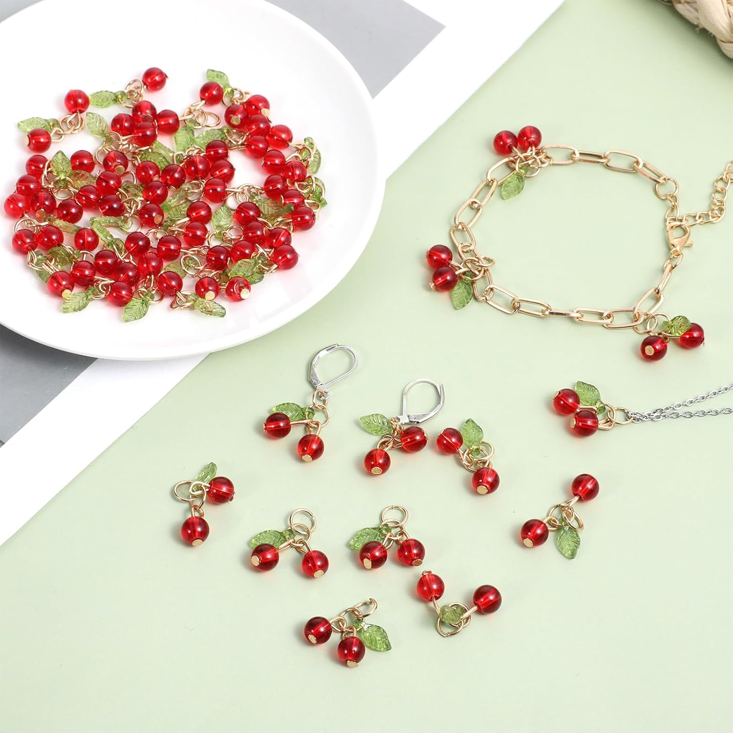 40 Pcs Red Cherry Charms, Jewelry Making Charm Glass Earring Charms, Mini Cute Fruit Bead Charm Cherry Bracelet Making Supplies For Earrings Necklace Bracelet Anklet Diy Craft - Image 6