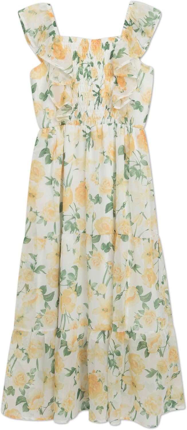 Speechless Girls' Sleeveless Floral Print Chiffon Ruffle Strap Tiered Maxi Dress with Purse