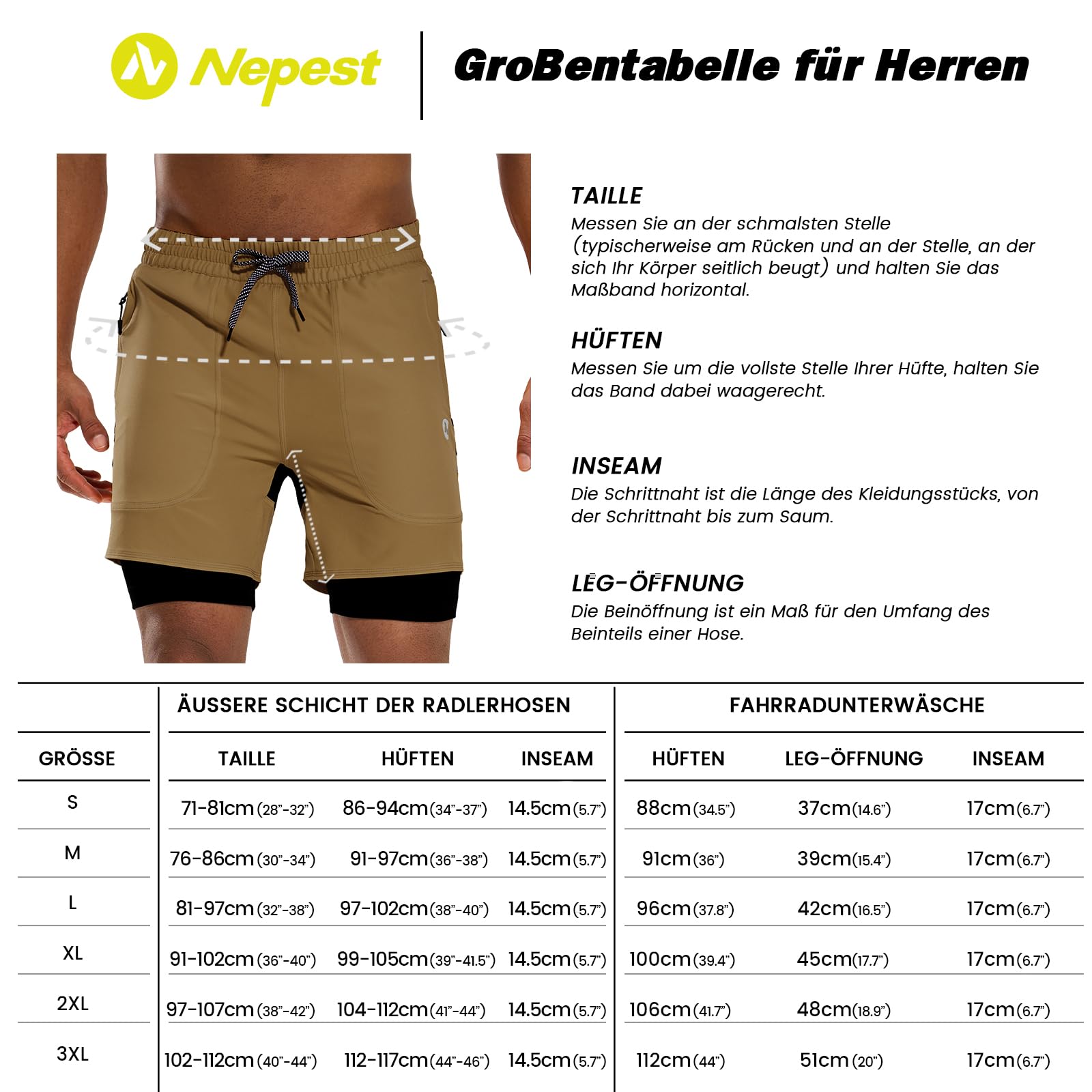 Nepest Pantaloni corti da mountain bike, da uomo, imbottiti, 4D, con chiusura lampo, per bici