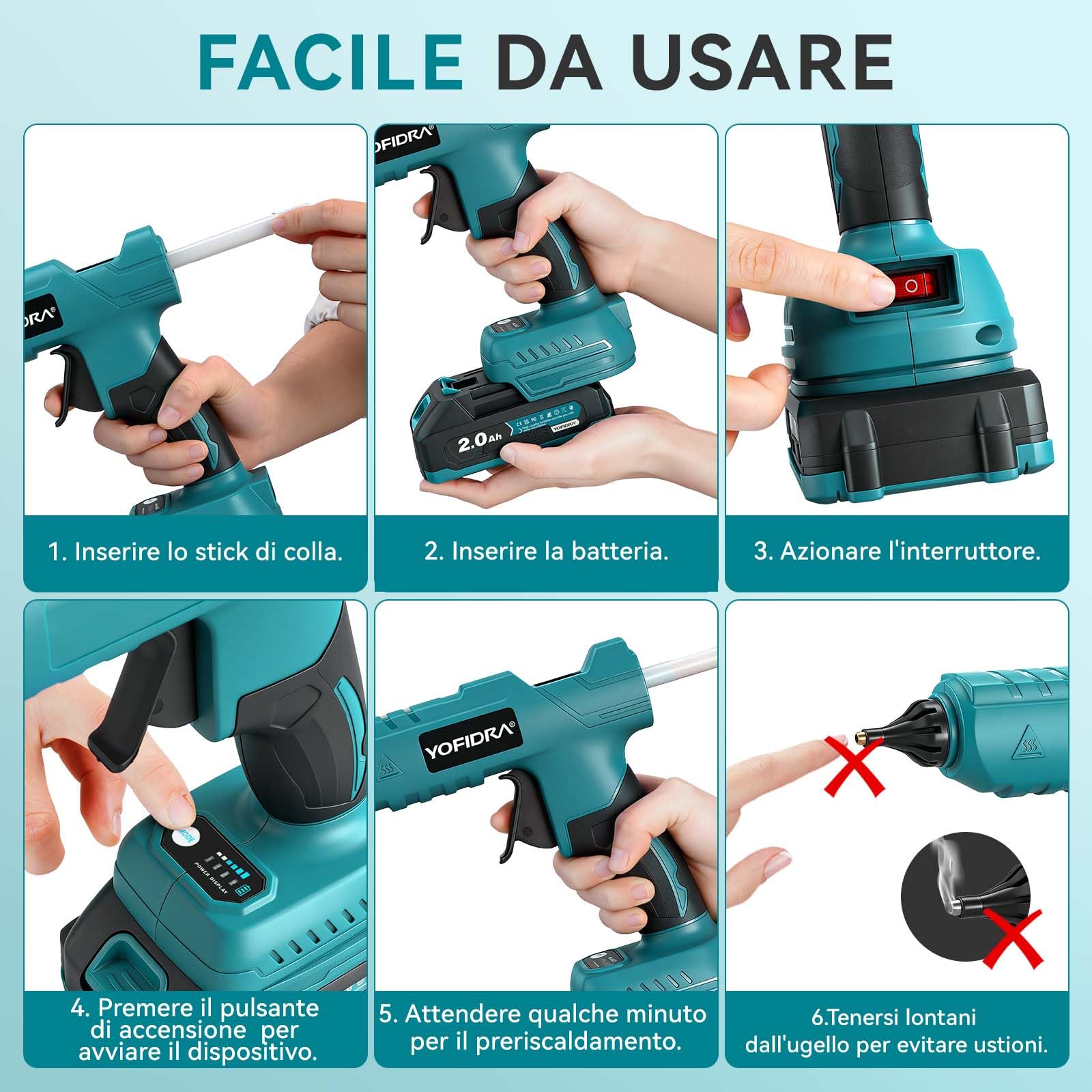Yofidra Pistola a Colla Calda 100W Senza Fili - Pistola a Colla Calda con 10 Colla Stick (11mm), 2 Batterie 2.0Ah e Caricabatterie, Riscaldamento Rapido, Ideale per DIY, Riparazioni e Lavori Manuali