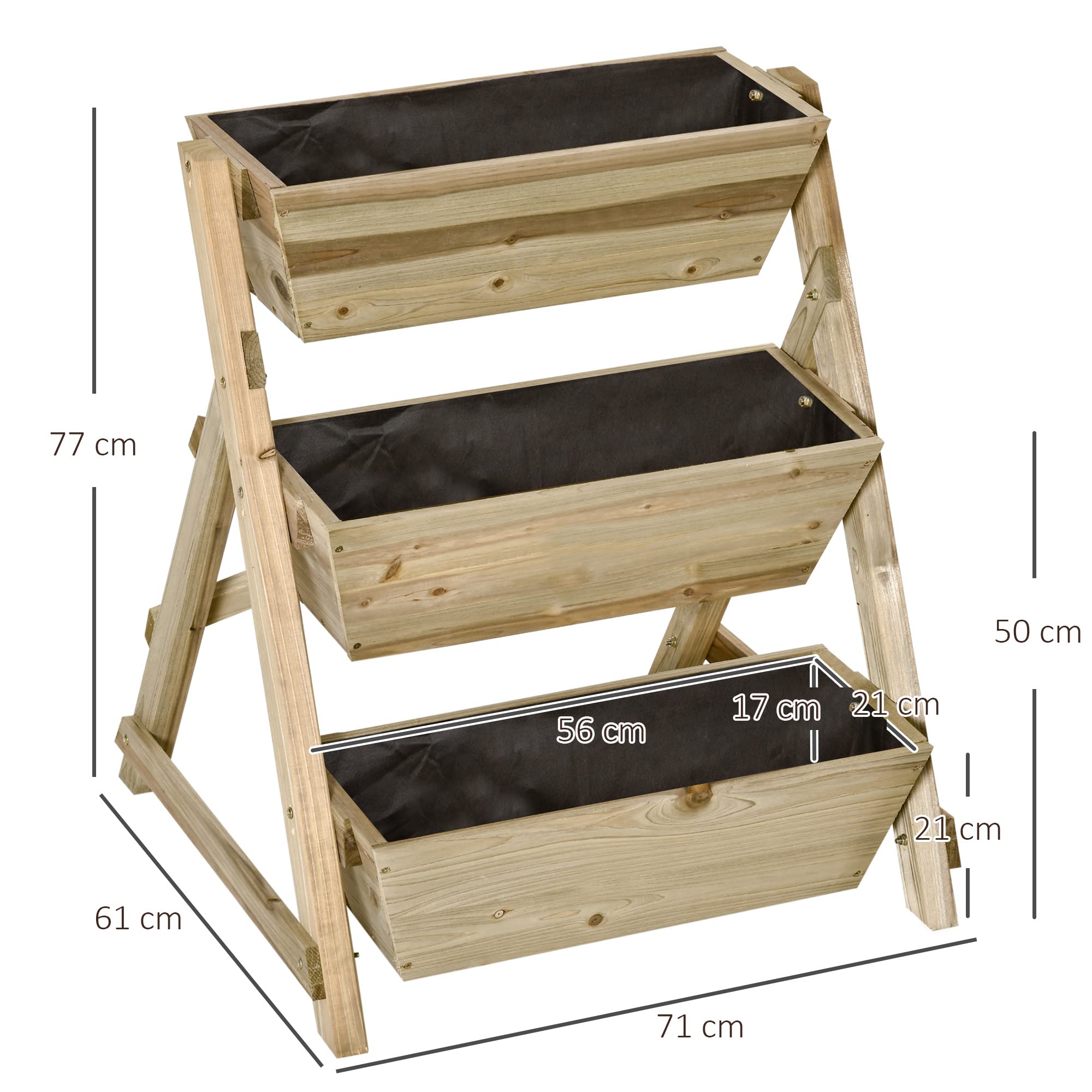 Outsunny Jardinière sur Pieds carré Potager 3 étages 71L x 61l x 77H cm | Inserts d'irrigation, Feutre de Drainage, Bois Sapin Autoclave