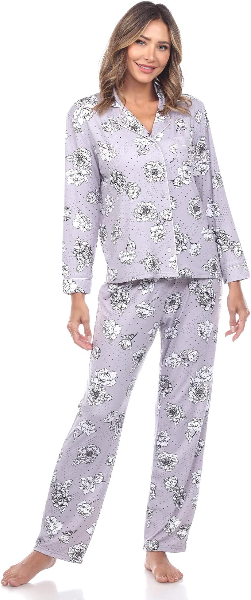 Women's Super Soft Printed Long Sleeve Button-Down 2-Piece Pajama Set with front Pocket