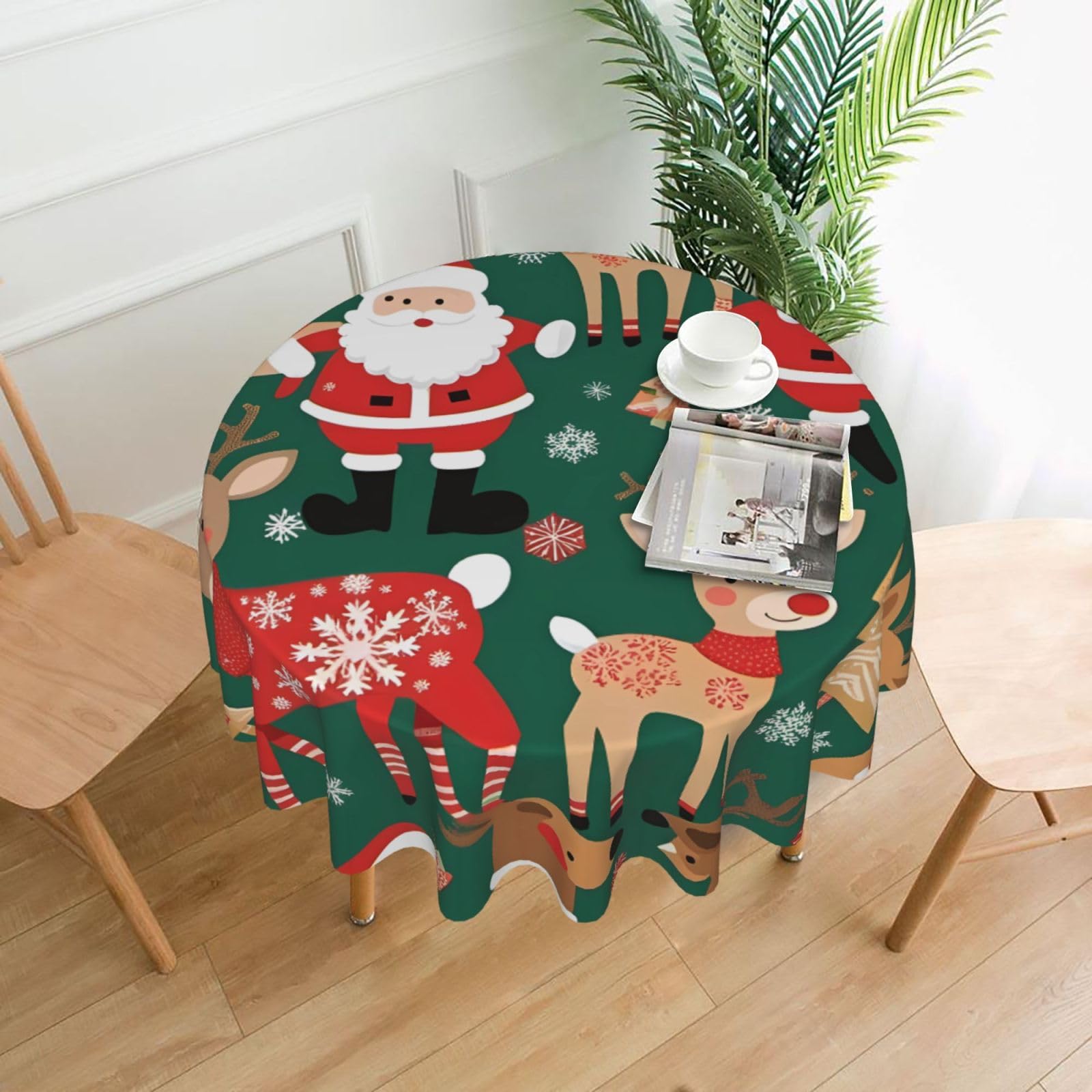 HLBSDM Santa Claus and Christmas Deer Printed Practical Round Tablecloth, Durable, Suitable for Home, Restaurant, Hotel, Gathering, and Decorative Table Covers