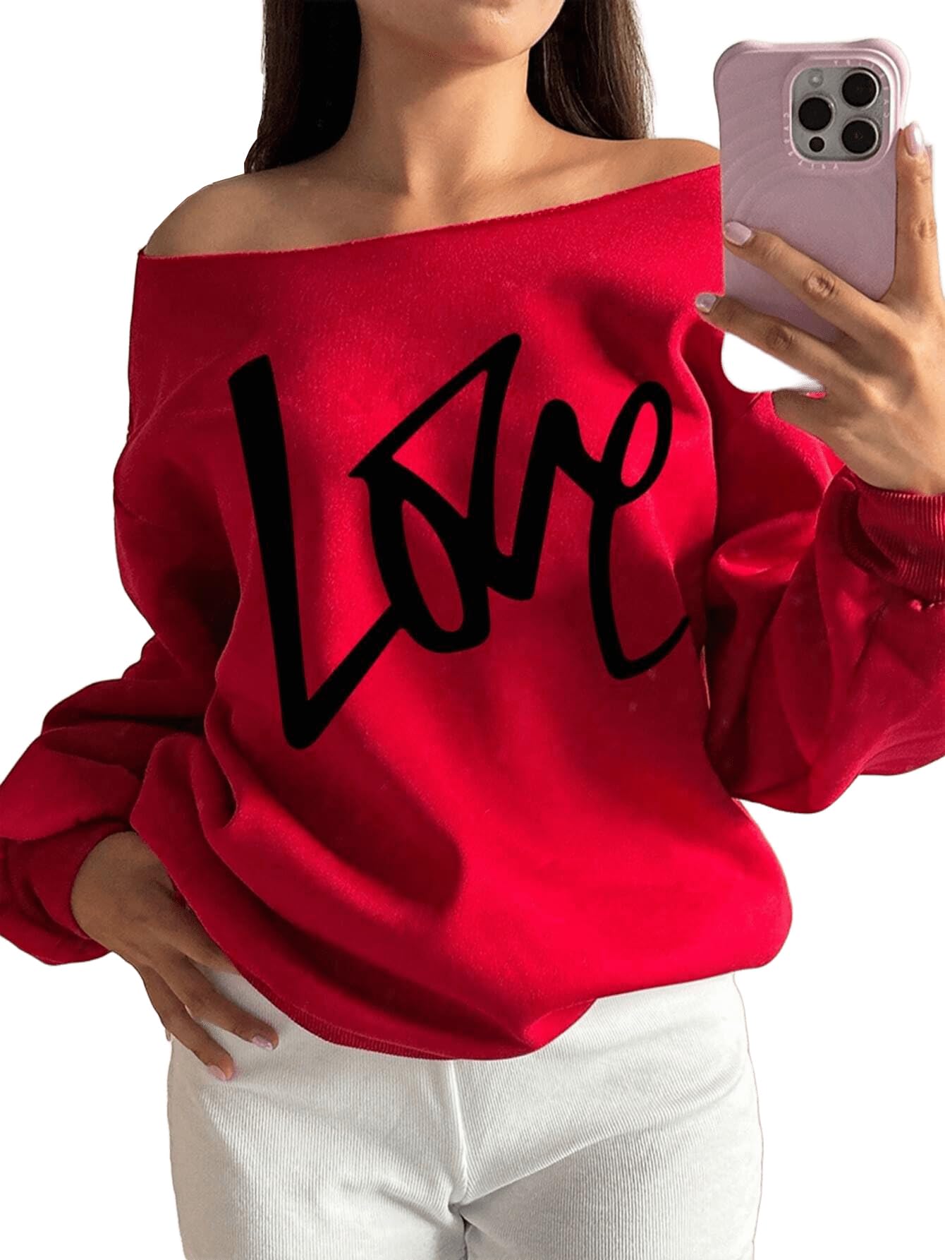 Casual Minimalist Love Graffiti Print Loose Off-Shoulder Sweatshirt, Thickened Red