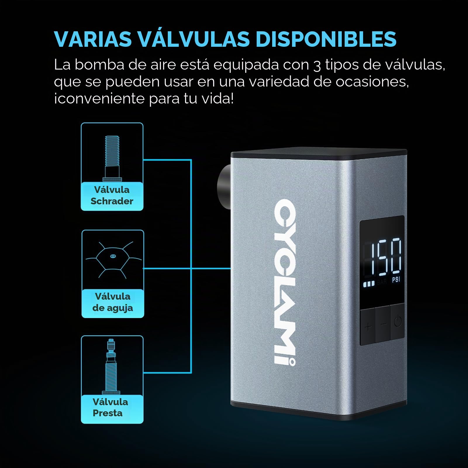 A3MAX Mini Bomba Bicicleta, 150PSI Aluminio Bomba de Aire Portátil para Bicicleta con Manómetro,Electrico Bicicleta con válvula Presta y Schrader,Parada Automática