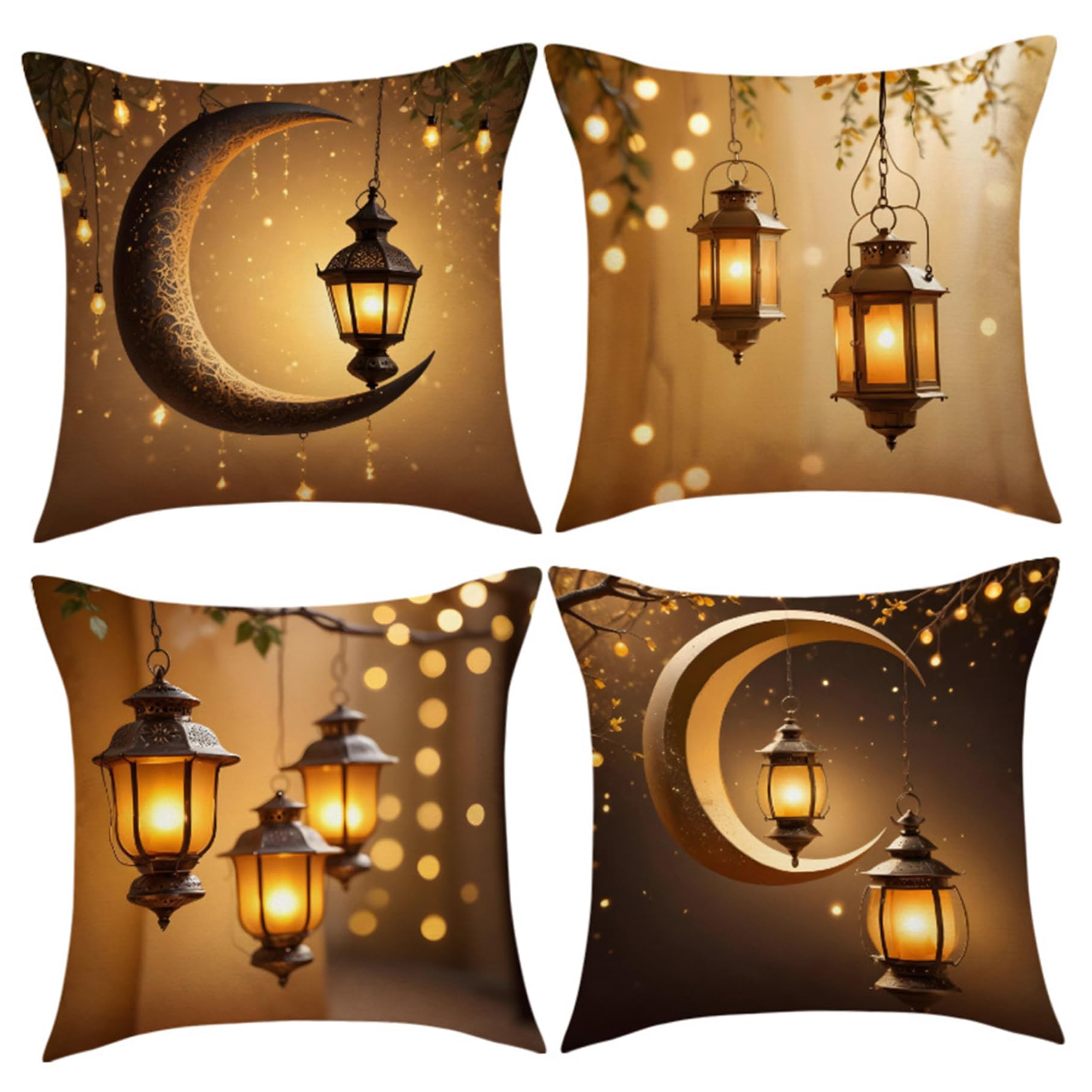 Elyebxj 4Pcs Ramadan Pillow Covers, Decorative Linen Pillow Covers 18x18 Ramadan Mubarak Cushion Case for Home Couch Sofa Bedroom